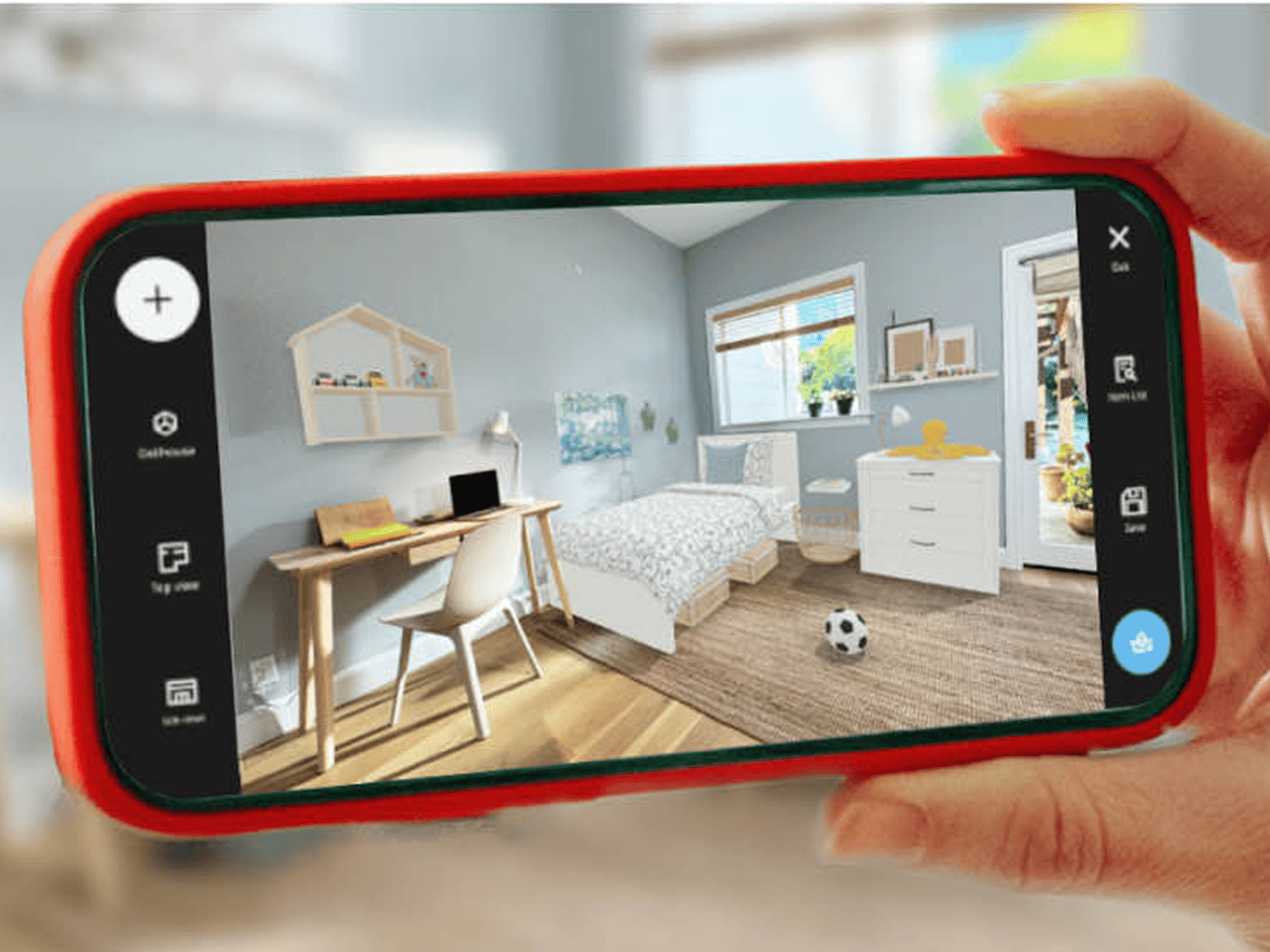 Smartphone screen showing a 3D kids’ room layout while using the IKEA app and IKEA Home Planner for interior planning.