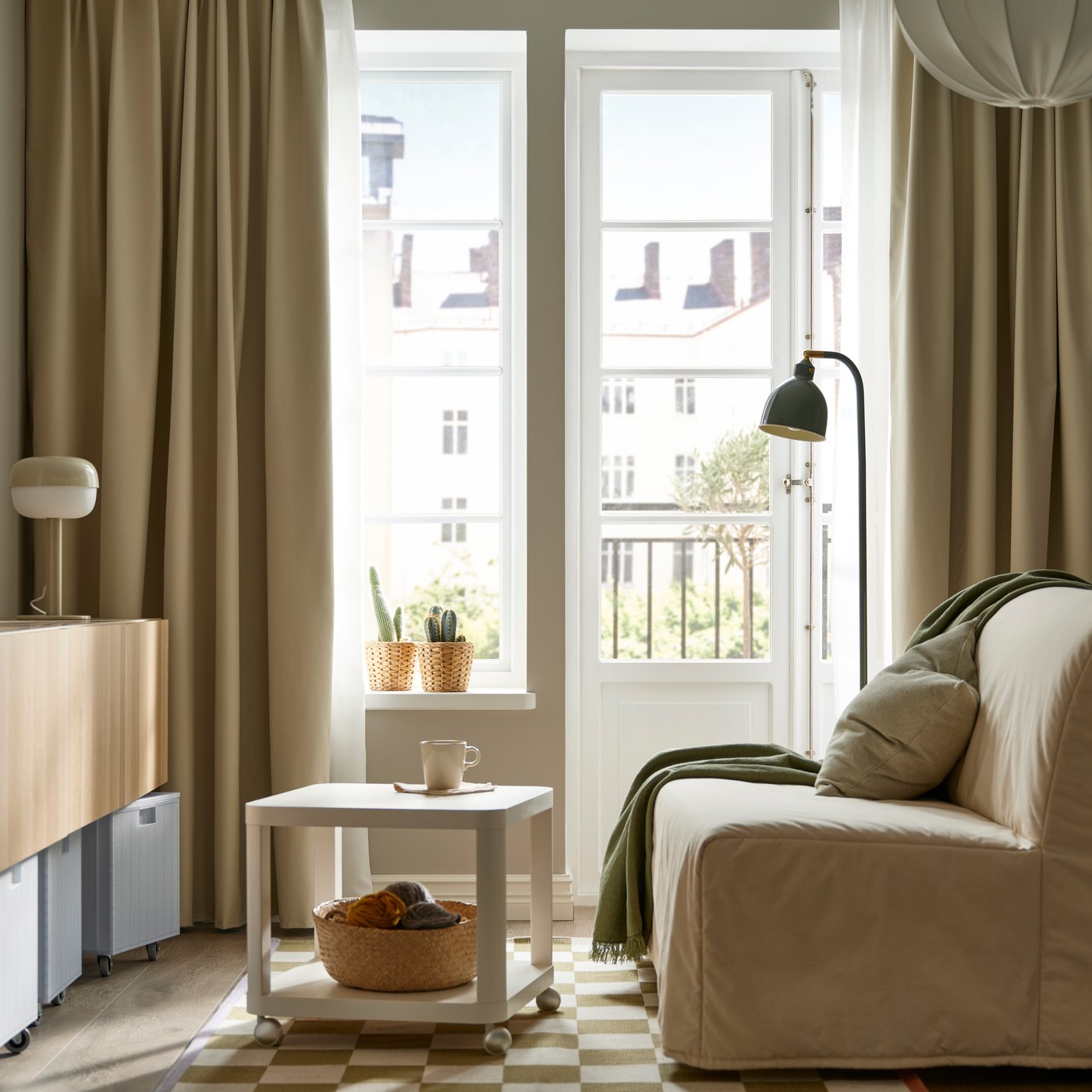 A beige/with heading tape BENGTA block-out curtain, 1 piece in the living room