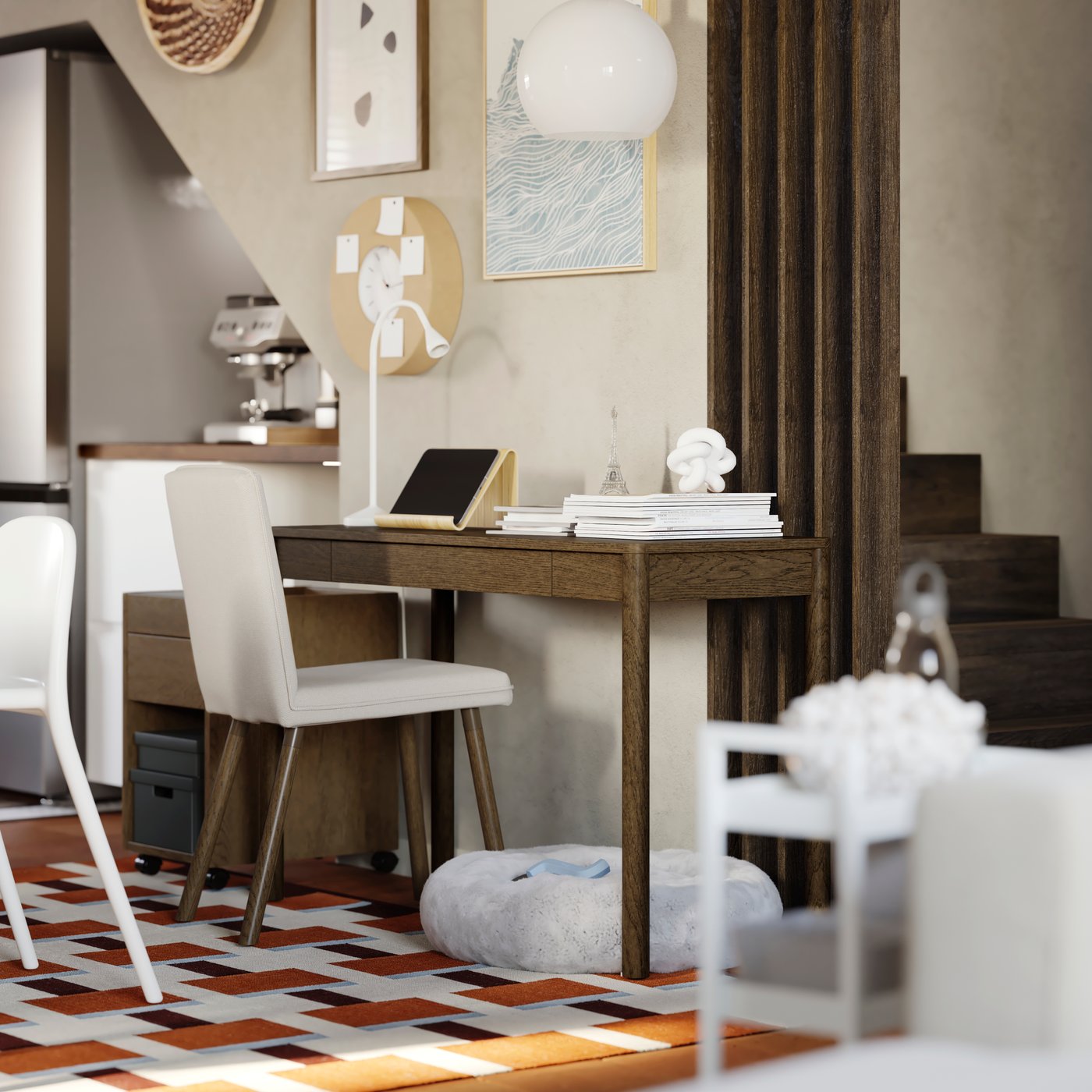 A TONSTAD desk in brown stained oak veneer is placed along a wall and has a TONSTAD chair next to it and a dog bed below.