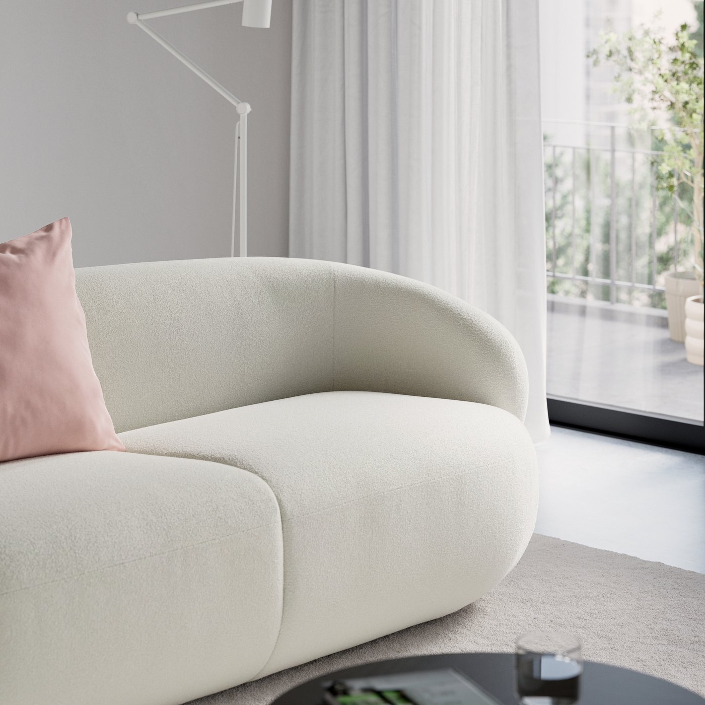 An off-white LILLESÄTER 3-seat sofa stands near a window and in front of a lamp in a bright room.