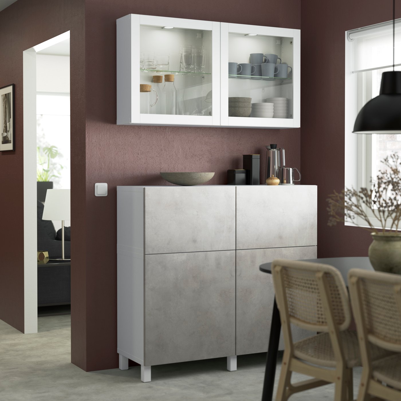 A white Kallviken/Stubbarp/light grey concrete effect BESTÅ storage combination w doors/drawers