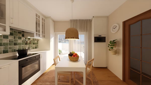 Projeto de Design de interiores de uma cozinha de estilo tradicional branca