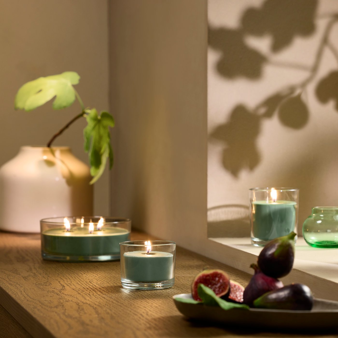 LOTSFÅGEL scented candles in glass, fig leaf green.