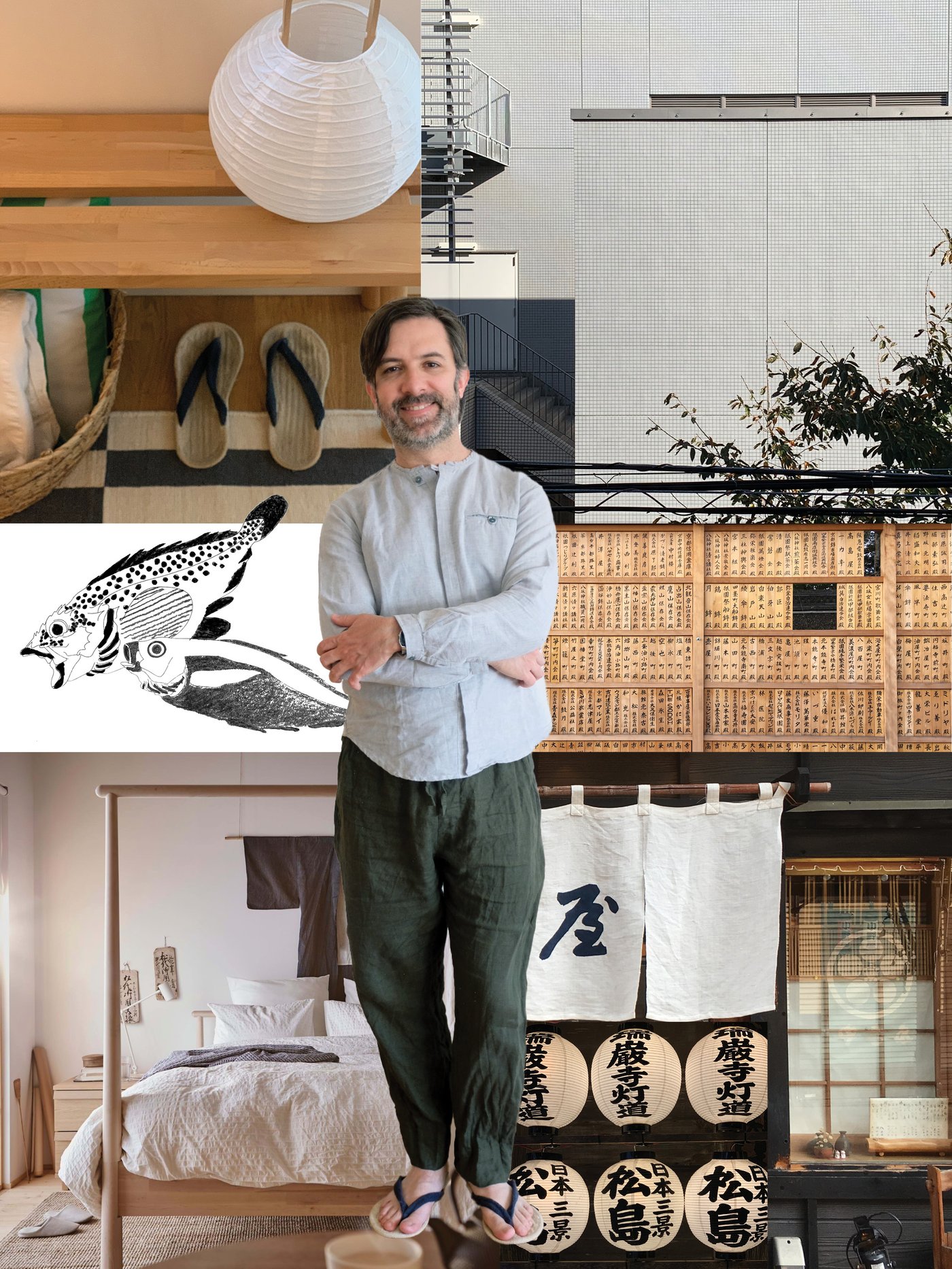 Tabla za inspiraciju sa slikama minimalističkog, japansko-skandinavskog stila, i portretom na kom je Andres.