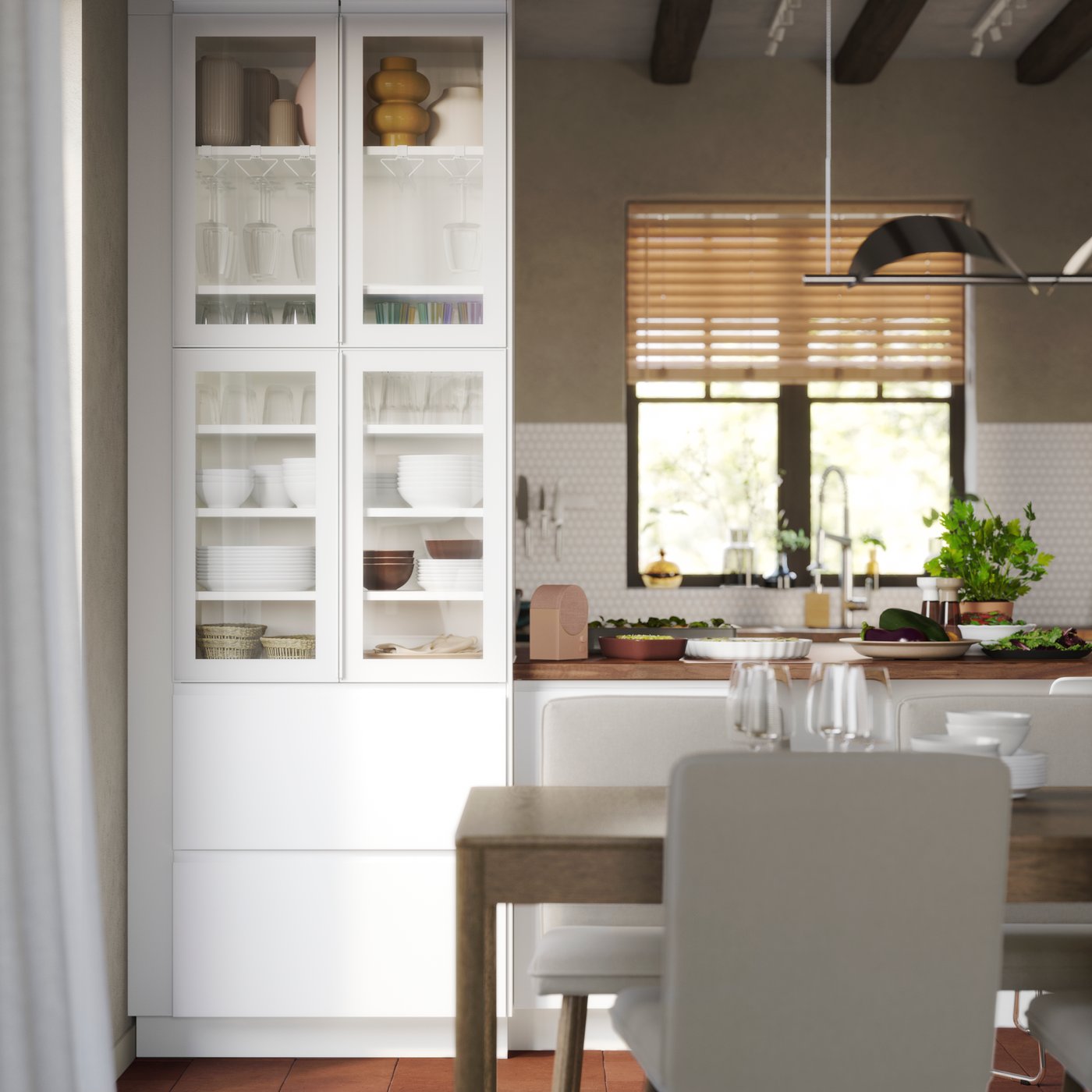 A dining room cabinet made of SEKTION cabinets with glass doors and drawers is placed between a kitchen and a dining area.