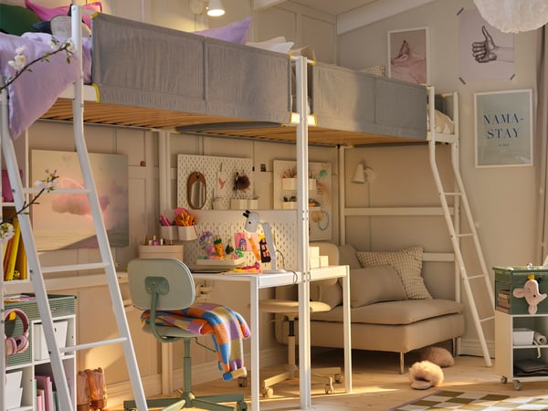 A white bunk bed frame