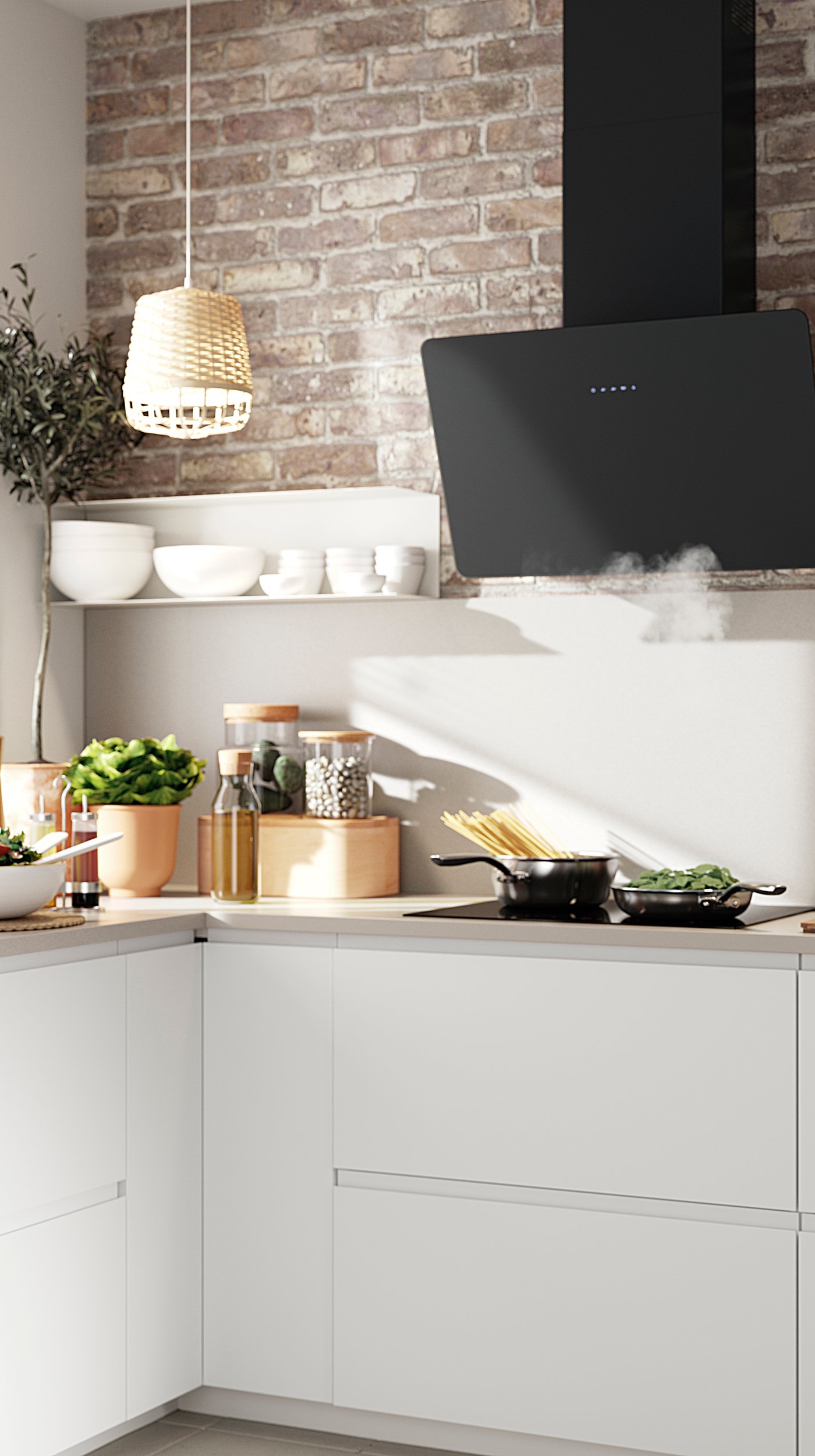 A black FINSMAKARE wall mounted extractor hood in the kitchen.