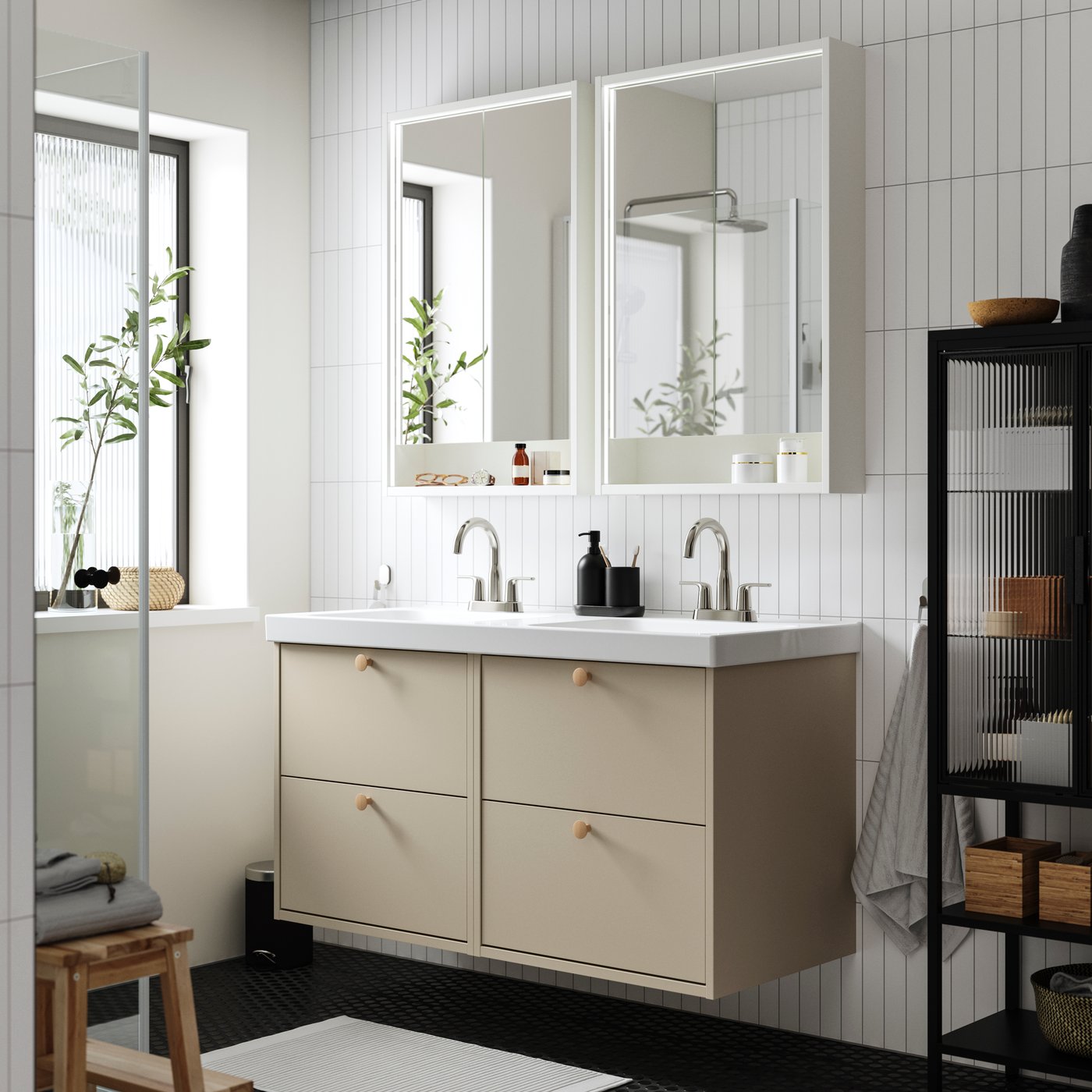 A beige HAVBÄCK wash-stnd w drawers/wash-basin/taps