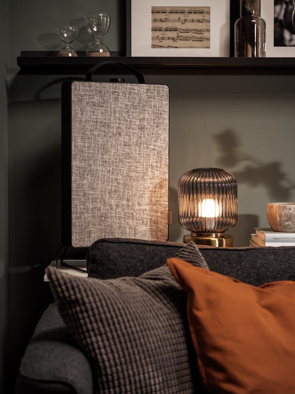 Arranged on the wall shelves behind a sofa stands a black FÖRNUFTIG air purifier amid framed art and decorations.