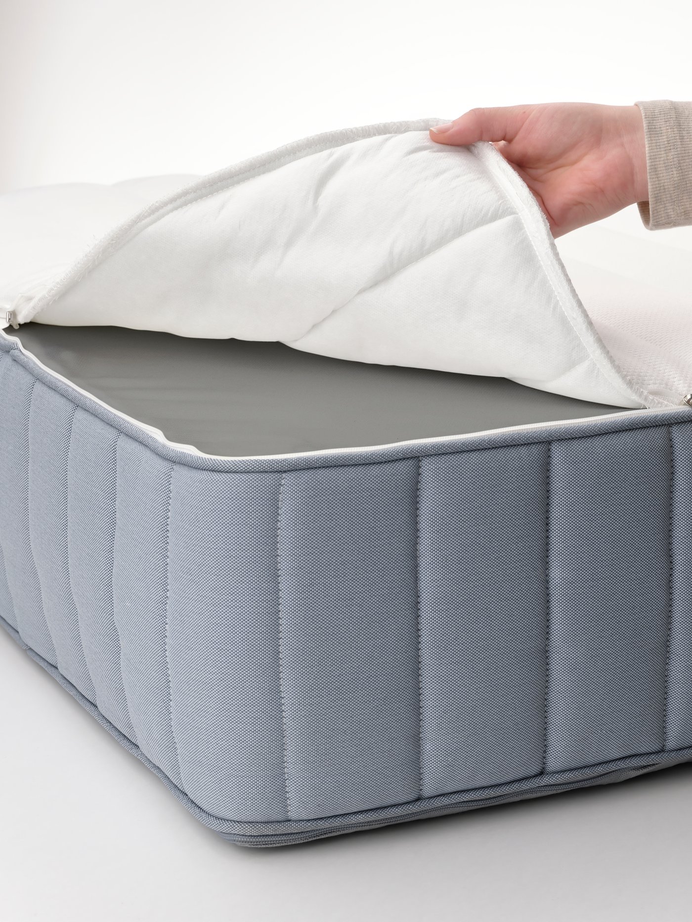 A firm/washable top cover light blue VALEVÅG pocket sprung mattress in the NA