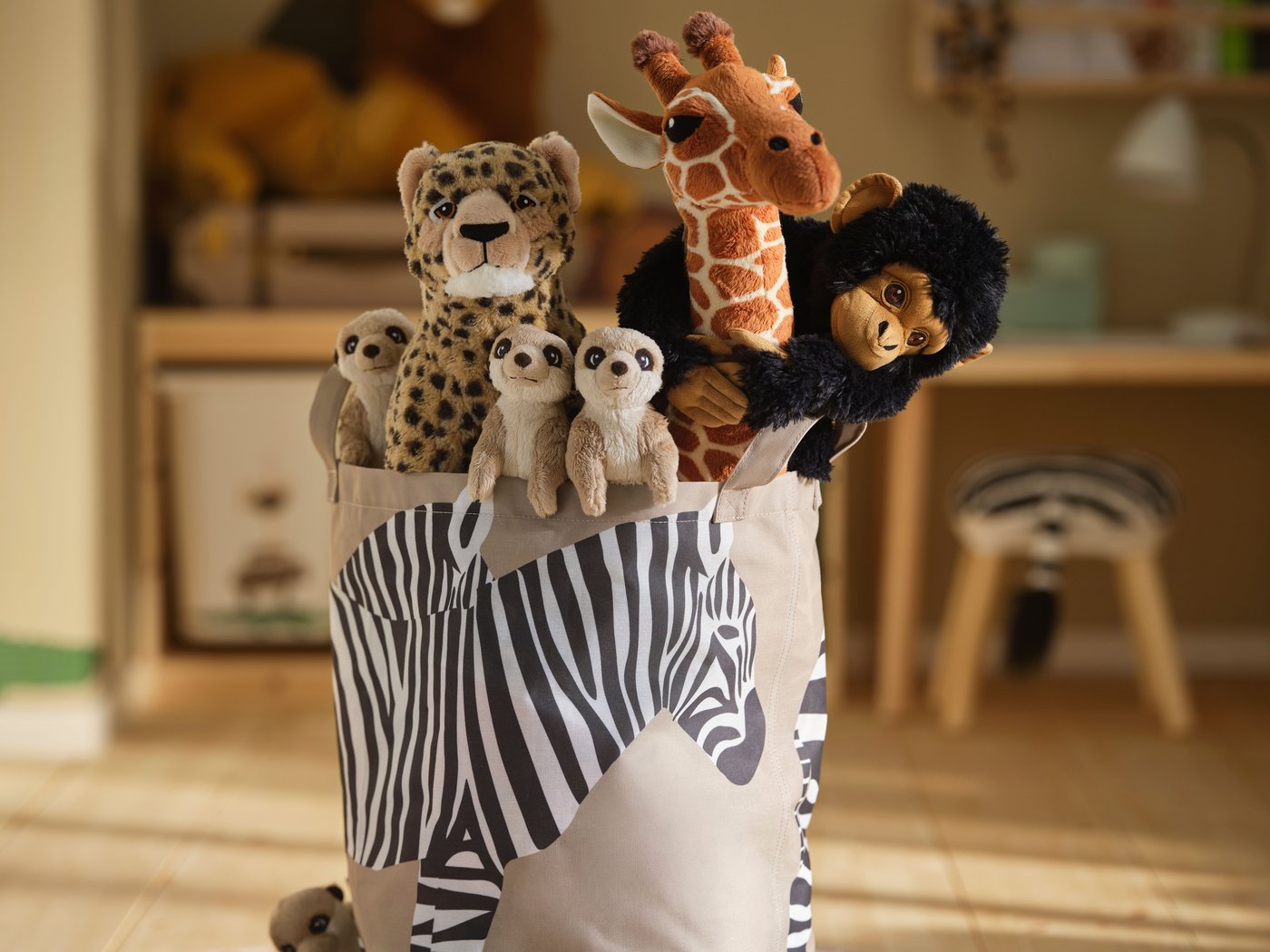 soft toys stocked in an organizer