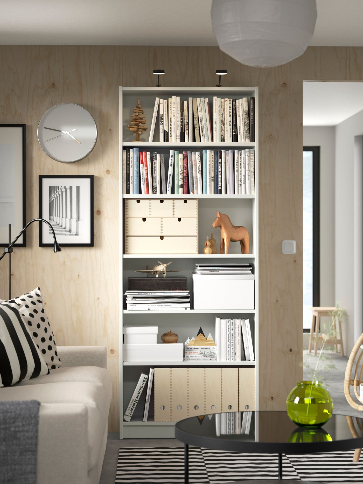 A white BILLY bookcase in the living room