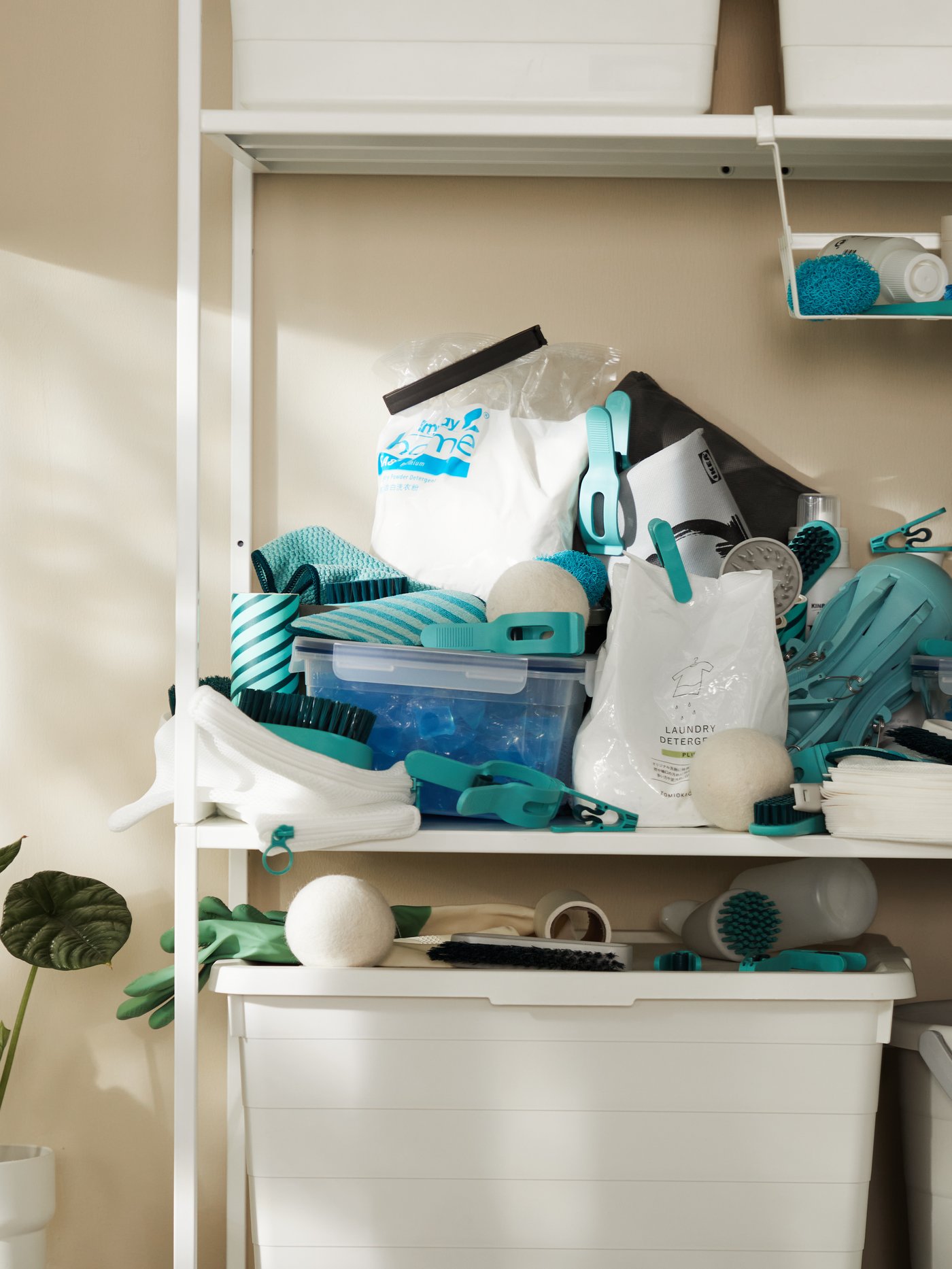 Outdoor boxes in a rack with unorganised things laying around