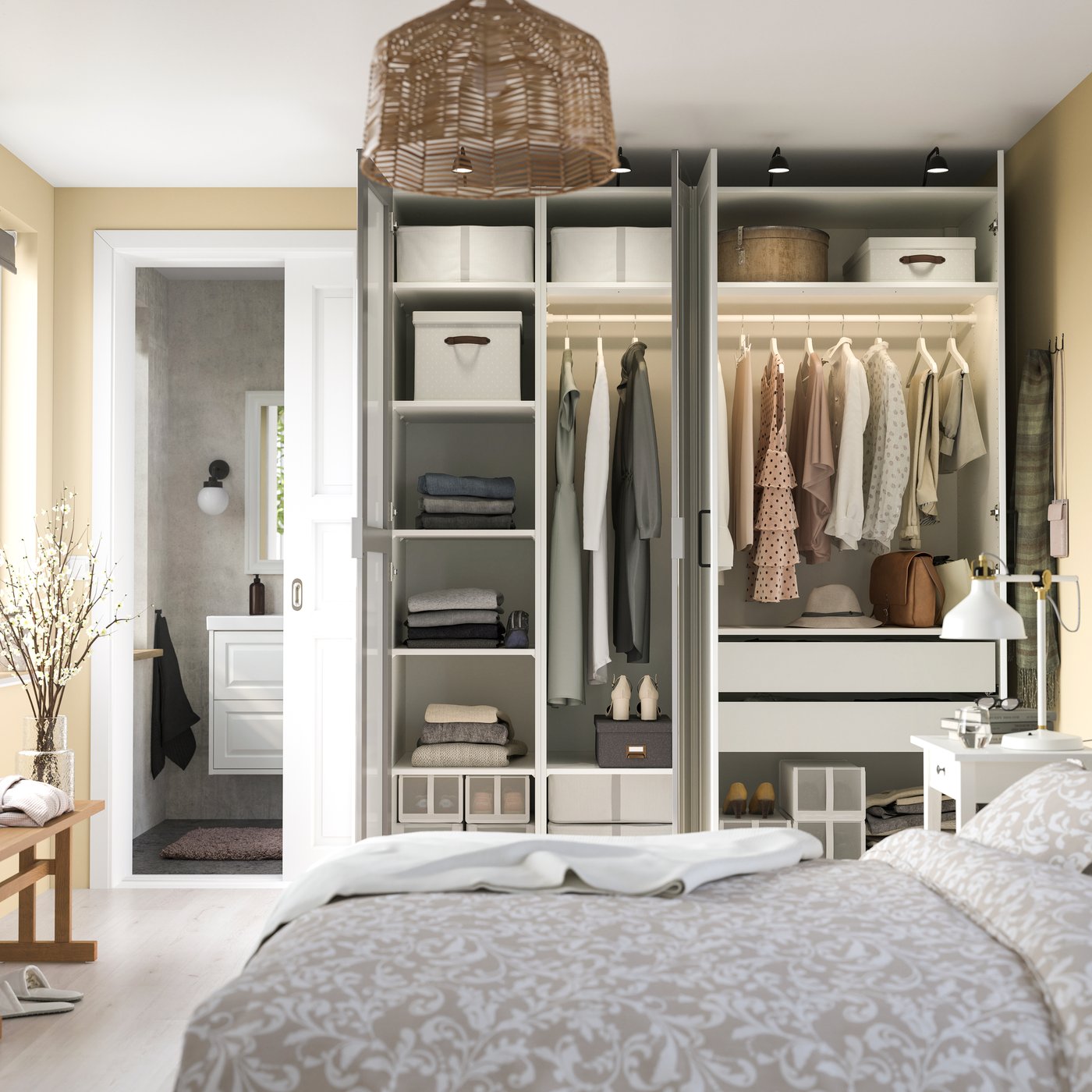 Modern Scandinavian bedroom interior with open wardrobe, organized clothing storage, soft neutral colors, and cozy home decor