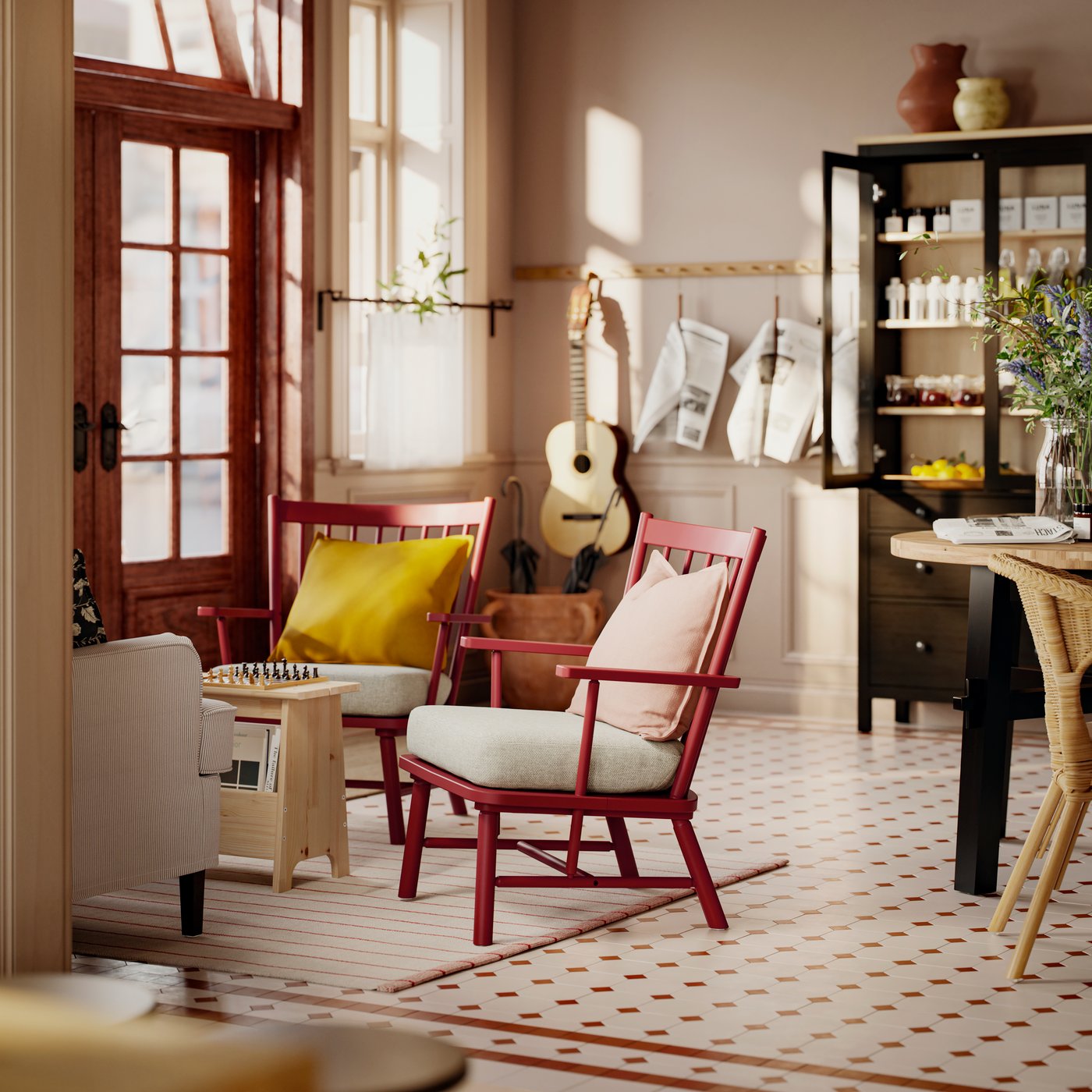 A tiled reception area has two brown-red PERSBOL spindle armchairs with beige-grey seat cushions, facing a table and sofa.