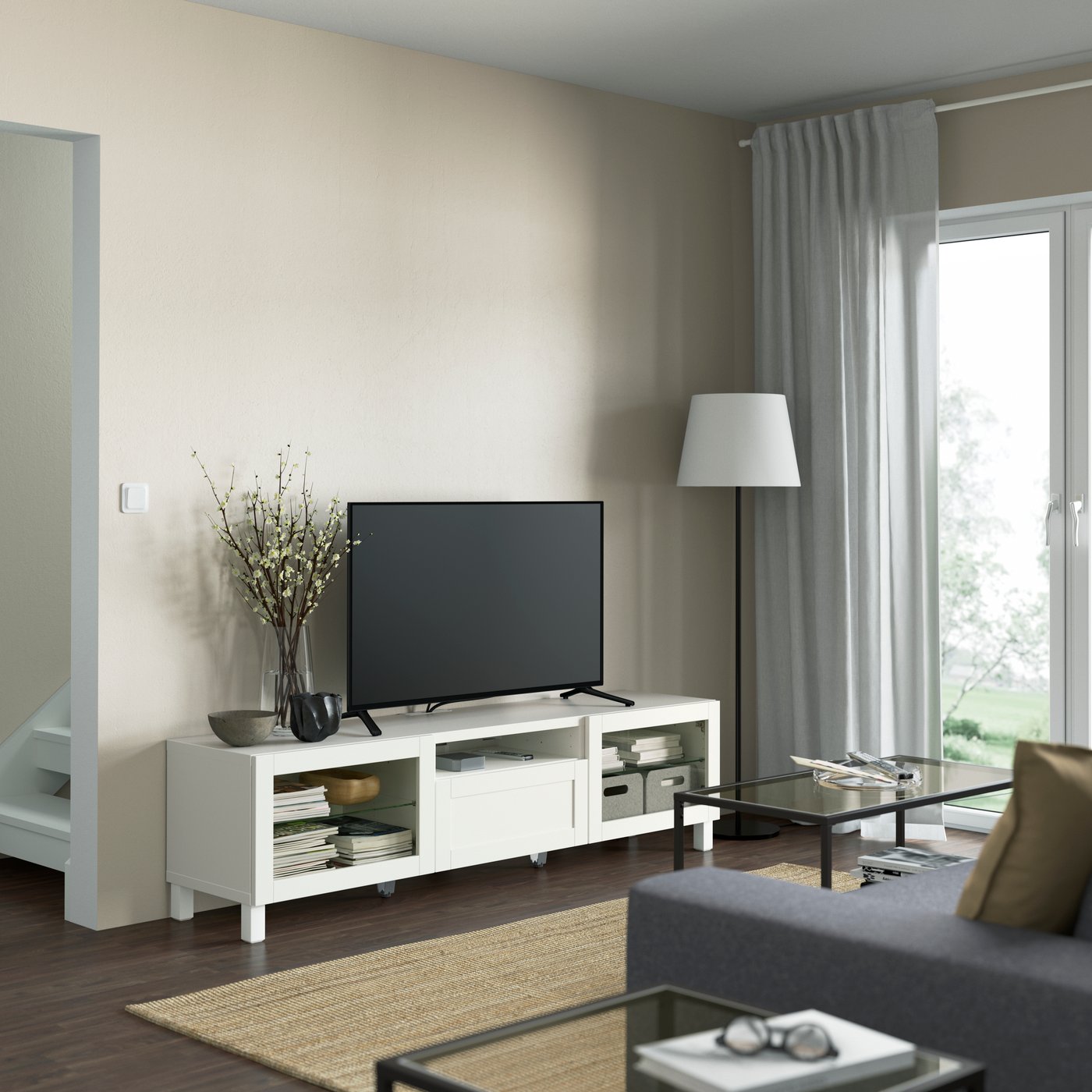 A white/Hanviken/Stubbarp white clear glass BESTÅ TV bench