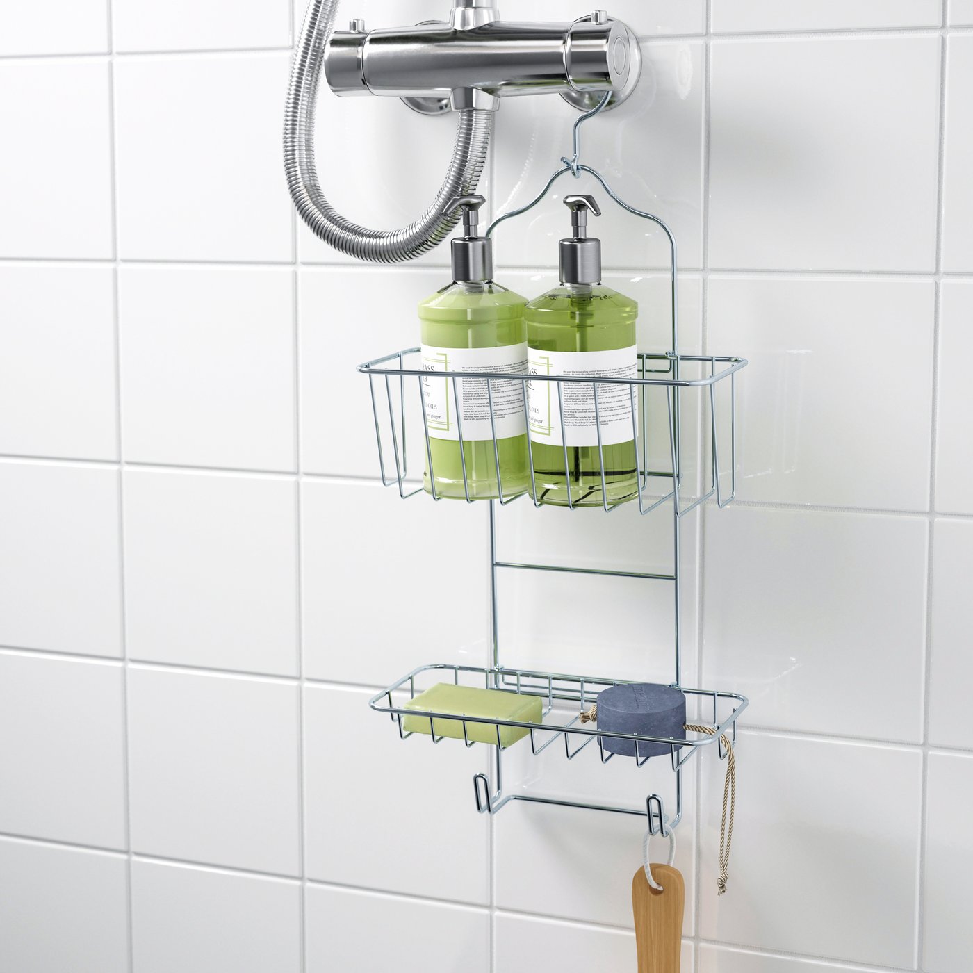 A zinc plated KROKFJORDEN shower hanger, two tiers in the bathroom