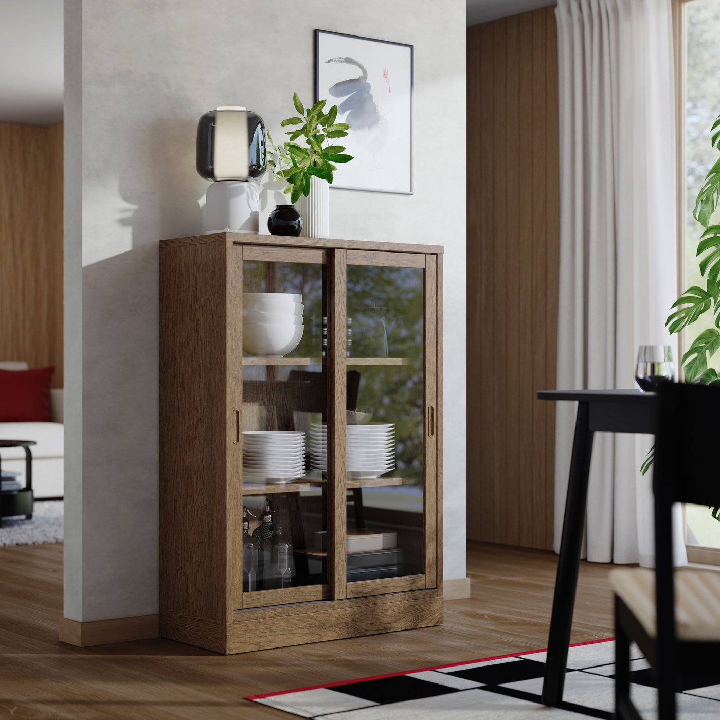 A brown stained oak veneer TONSTAD cabinet with sliding glass doors