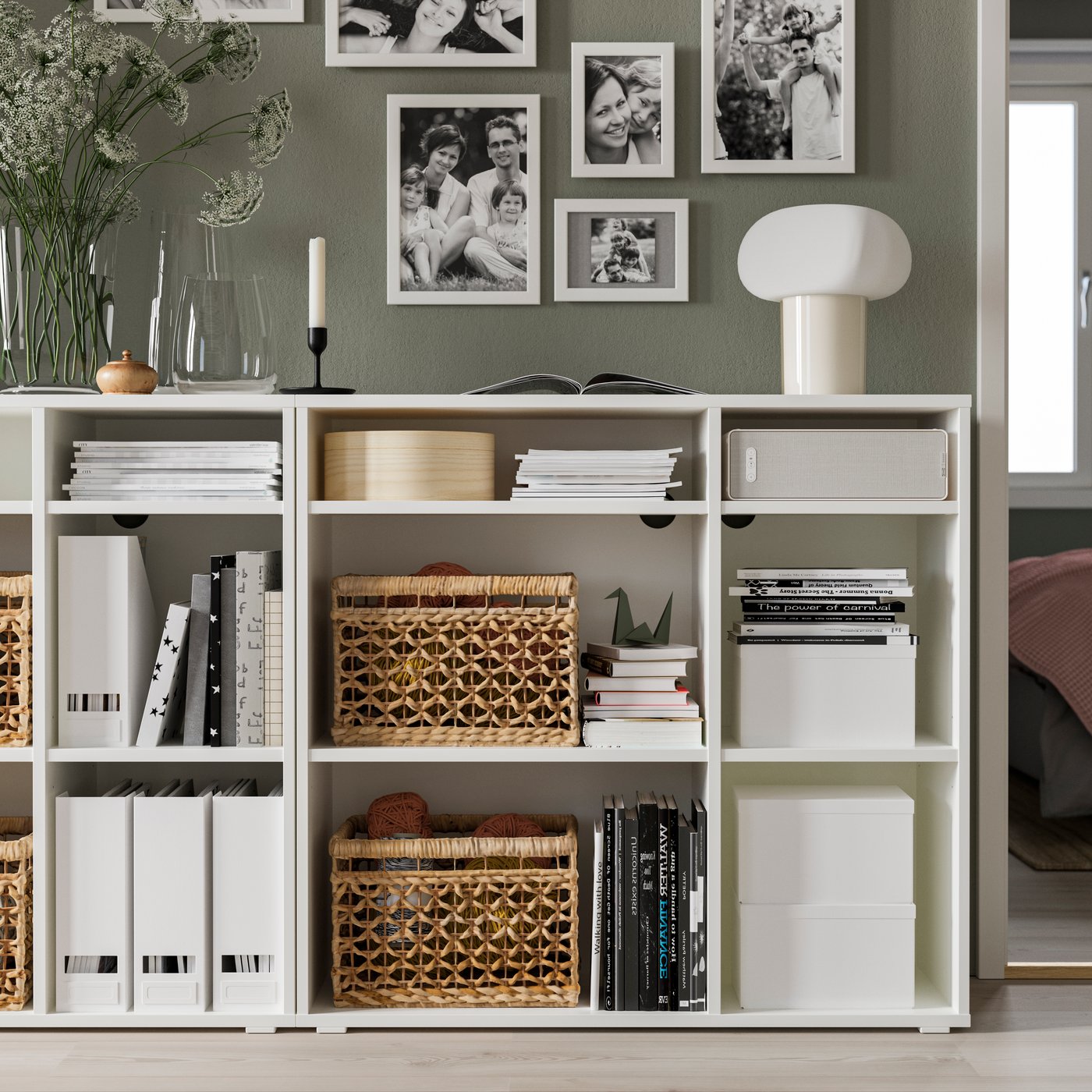 White IKEA bookshelves in the living room