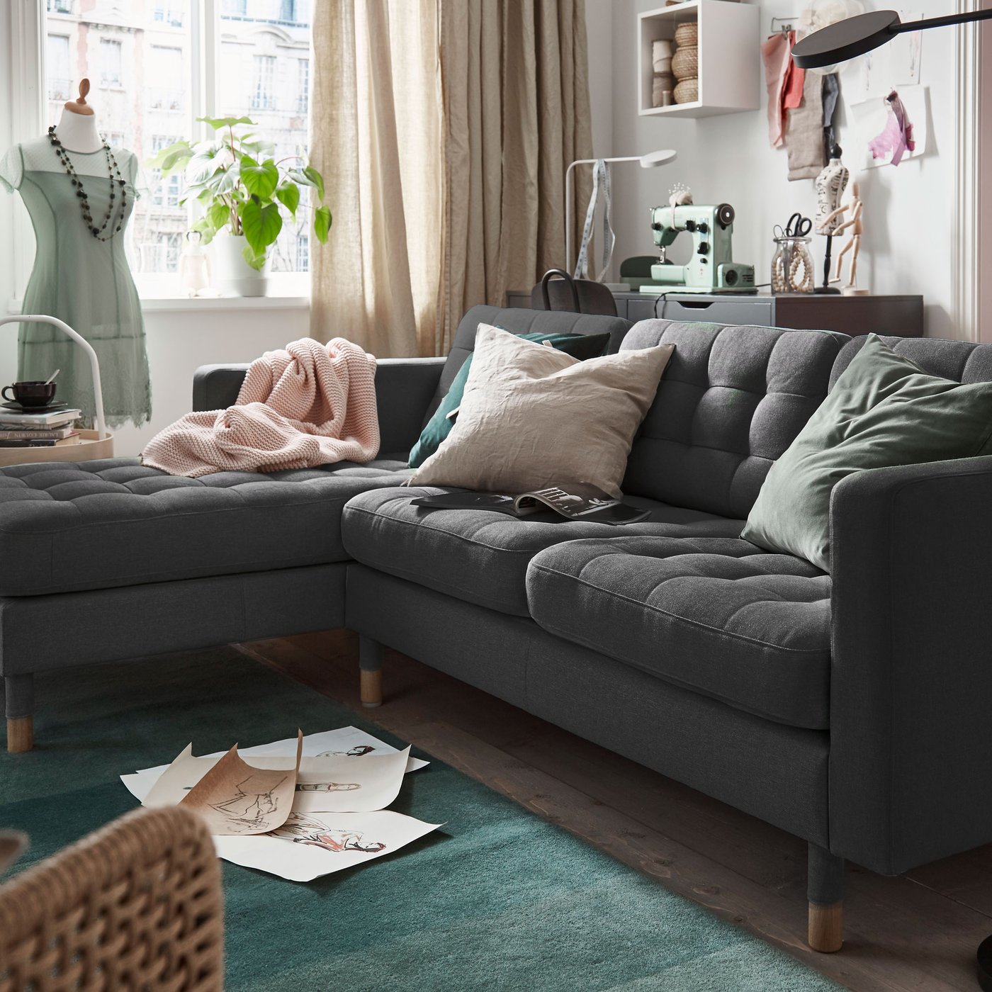 A with chaise longue/Gunnared dark grey/wood MORABO 3-seat sofa