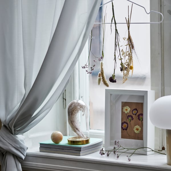 A white coat hanger above a window sill that has a BEGÅVNING glass dome and a light on it, framed by SILVERLÖNN curtains.