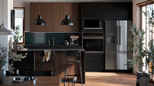 A black counter-depth STJÄRNSTATUS french door refrigerator