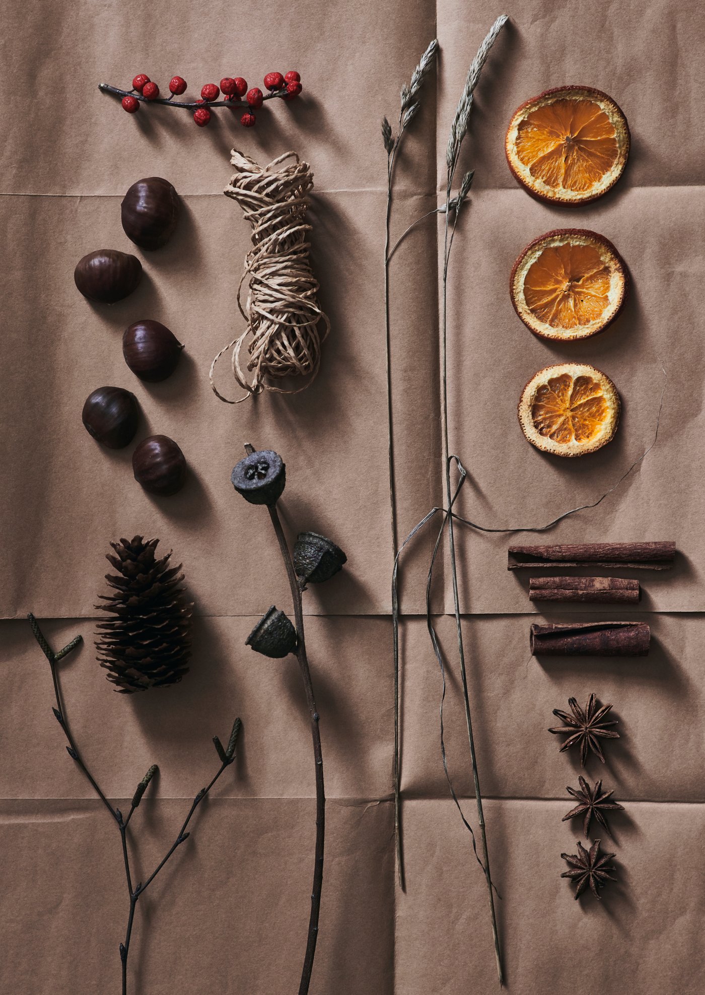Diverses décorations naturelles comme des herbes et des baies, des épices entières et des tranches d'agrumes séchées pour décorer la table de Noël.
