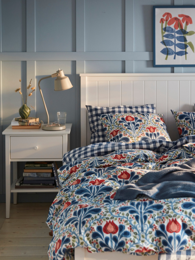 A multicolour/floral pattern SÄTERVIDE duvet cover and 2 pillowcases in the bedroom