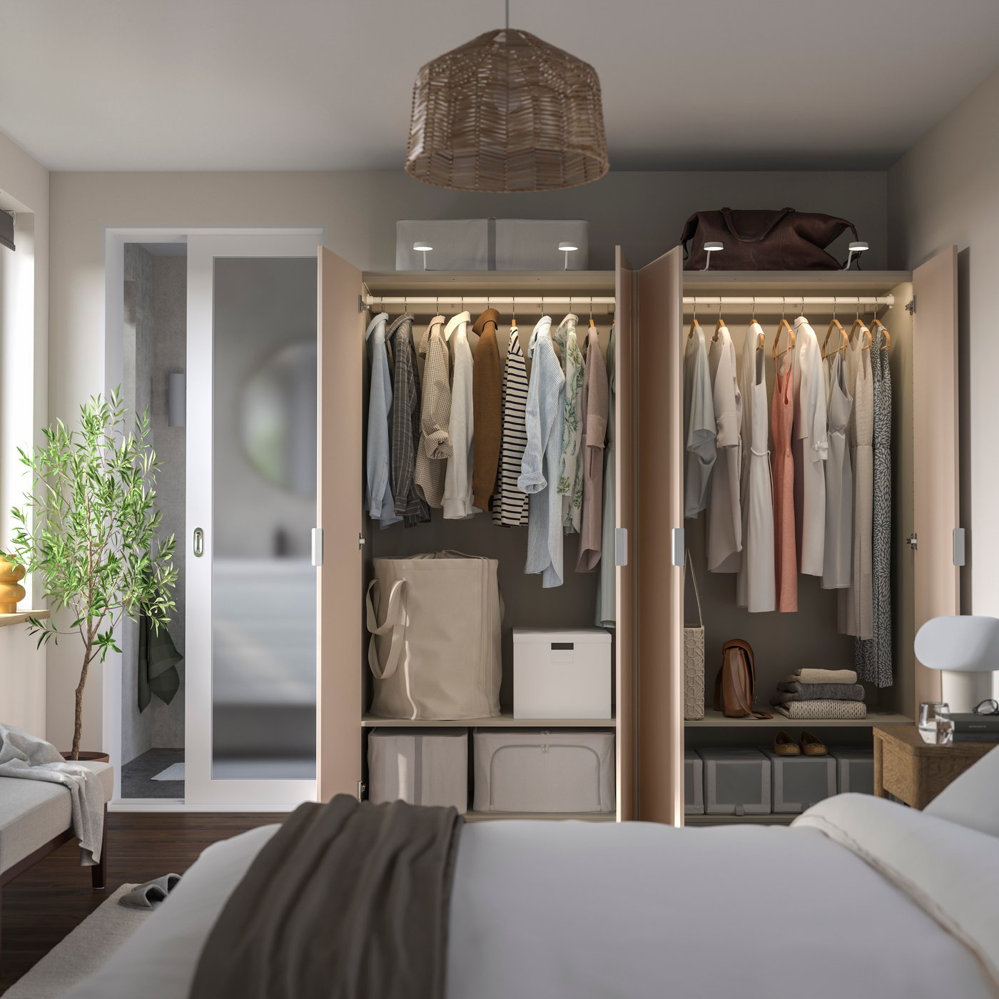 A grey-beige/high-gloss light orange FARDAL wardrobe combination
