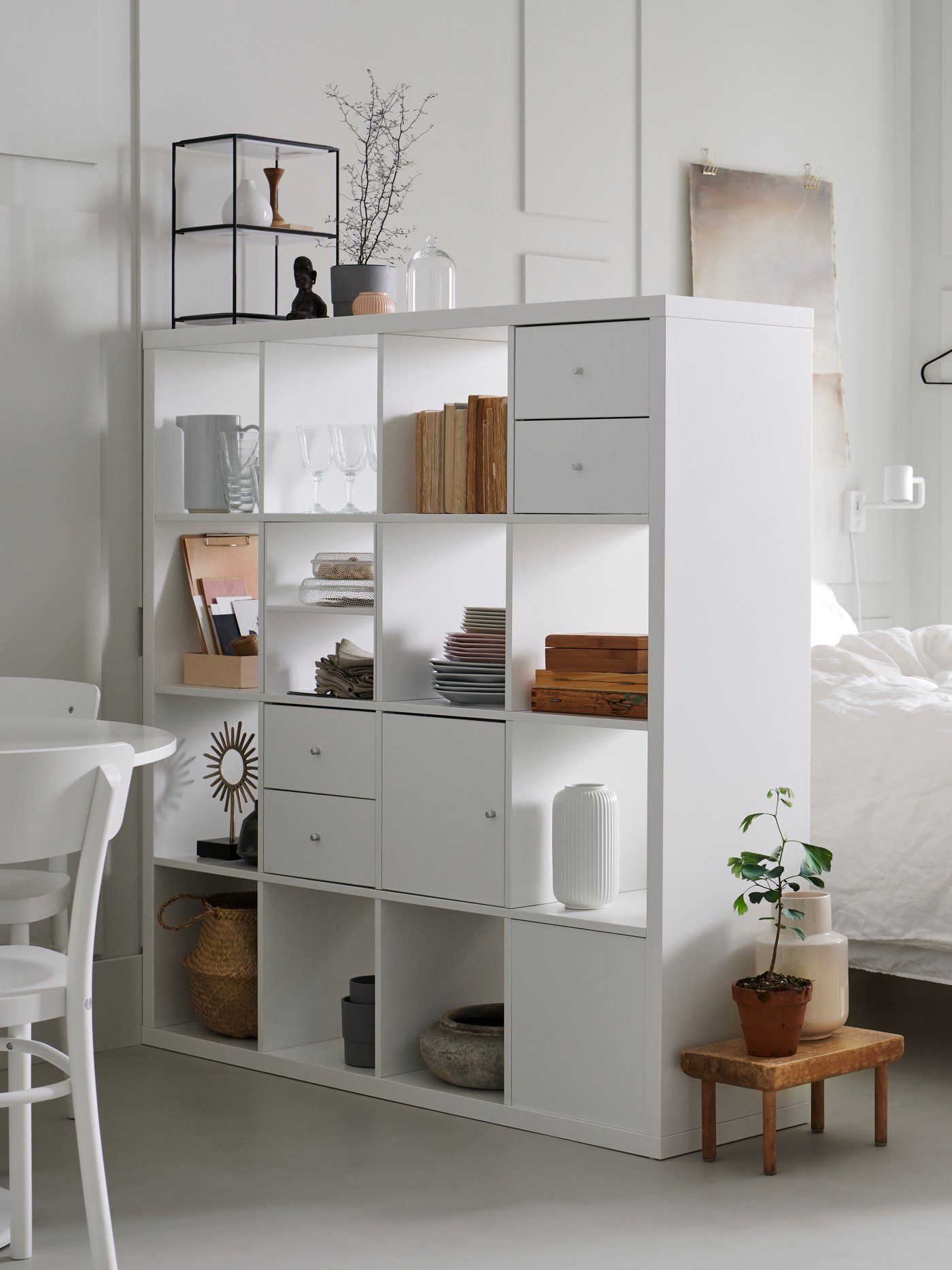 A white KALLAX shelving unit