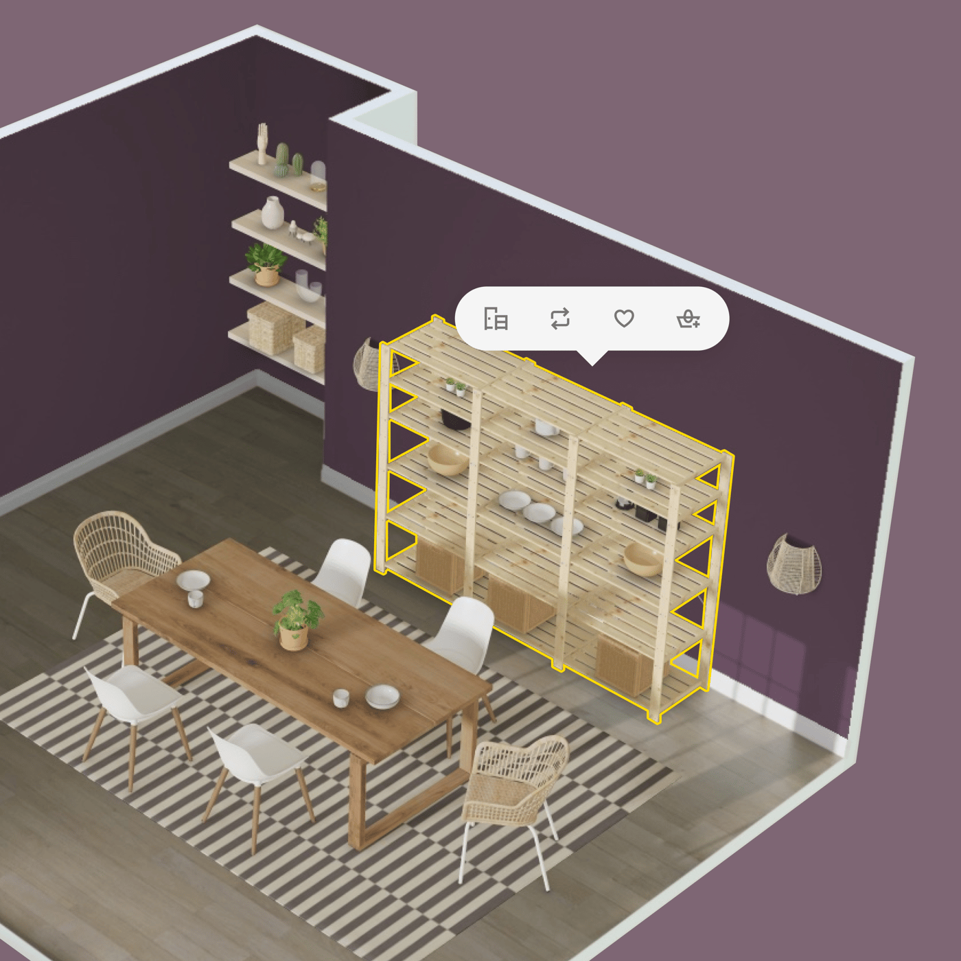 Salle à manger avec table en bois, six chaises, étagère ouverte contre mur violet et tablettes murales décorées.