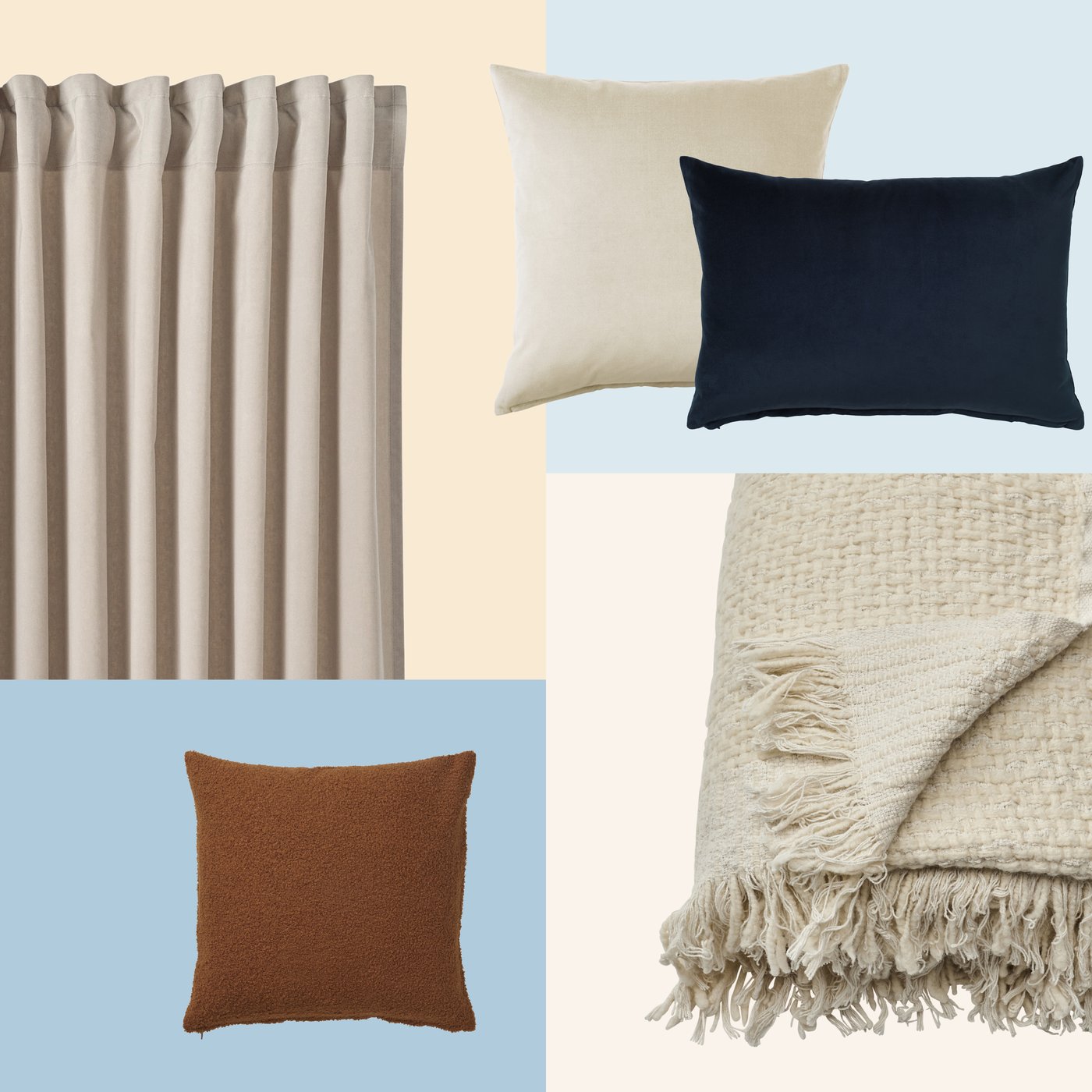 Et shopping-setup med SANELA gardiner, LAPPTÅG plaid og SANELA pudebetræk på en lyseblå og beige baggrund.