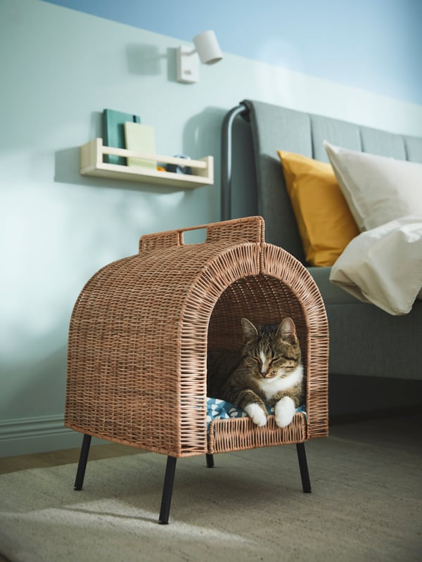 An IKEA UTSÅDD rattan cat house with an IKEA UTSÅDD light blue patterned pet cushion on legs. 