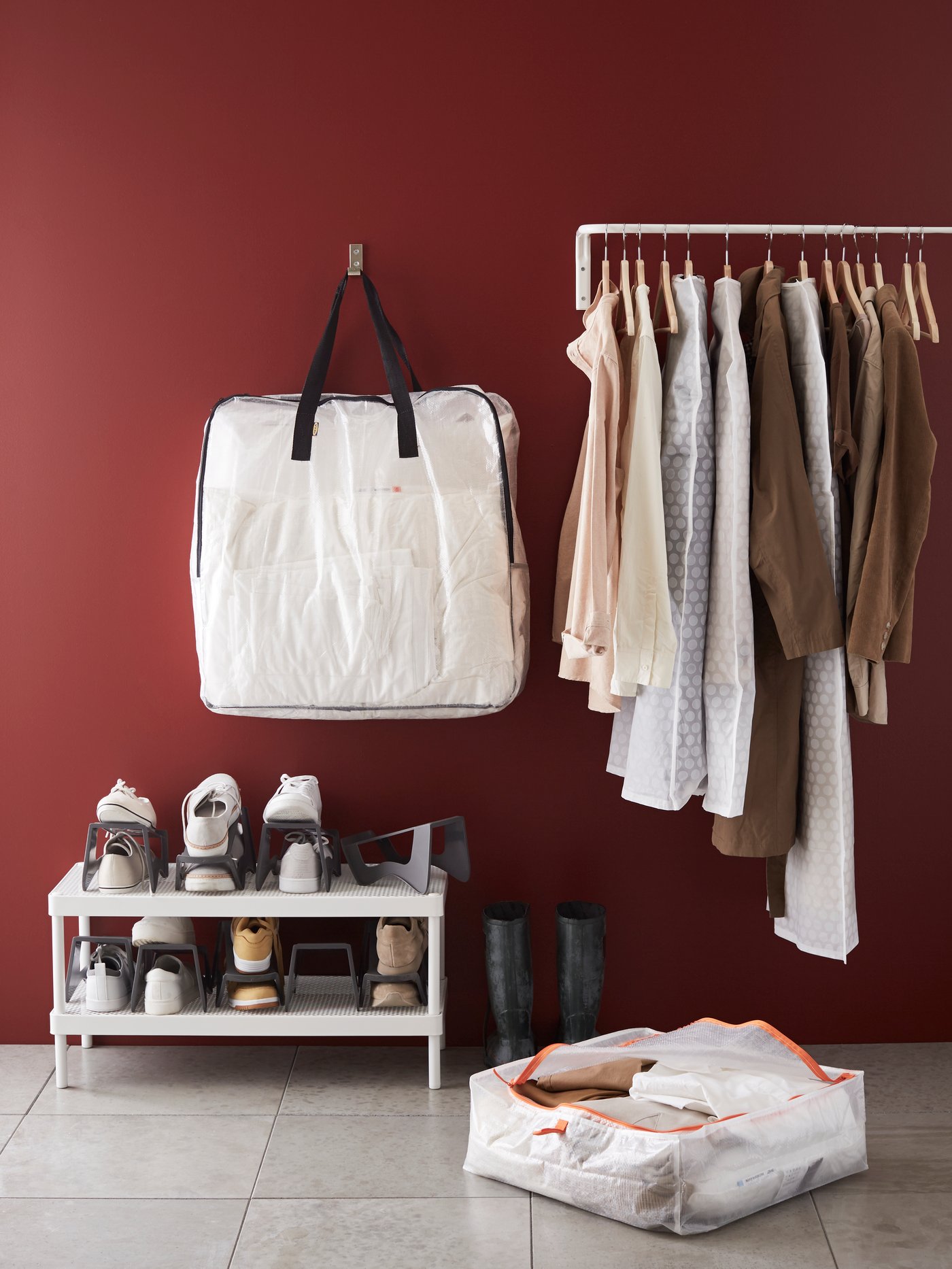 A transparent DIMPA storage bag in the hallway
