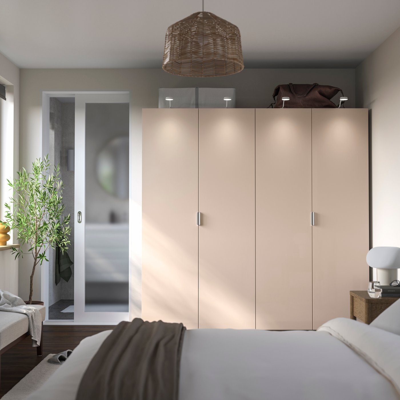 A grey-beige/high-gloss light orange FARDAL wardrobe combination