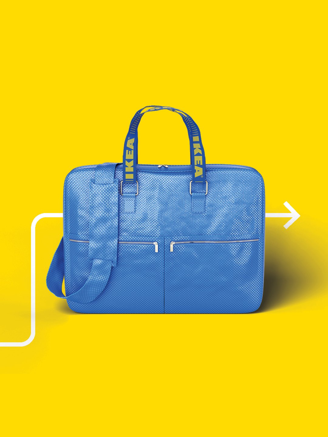 Blue laptop bag with handles and front pockets, displayed on a yellow background with a graphic arrow element.