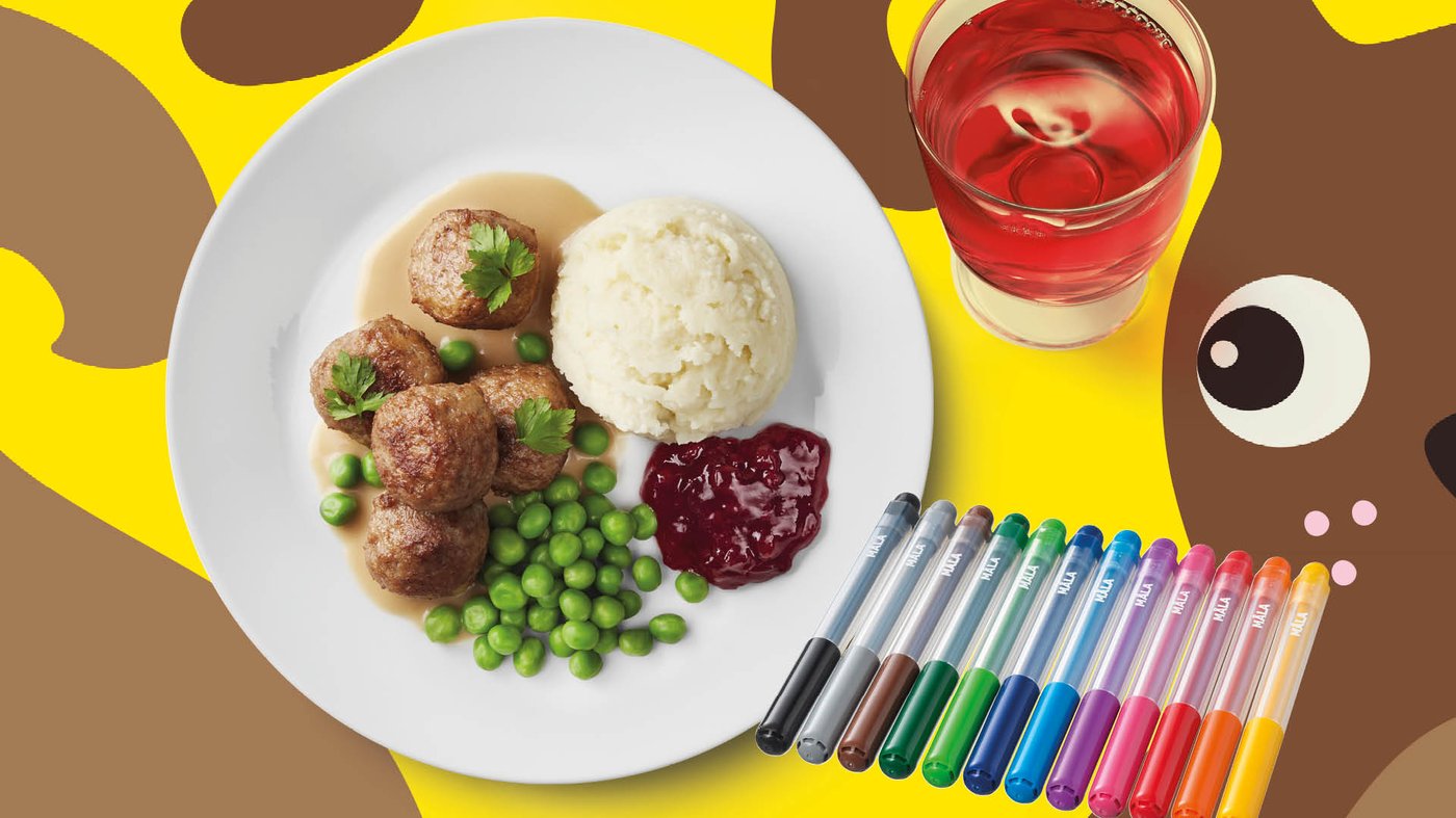 Es ist ein Kindermenü zu sehen und MÅLA Stifte liegen daneben