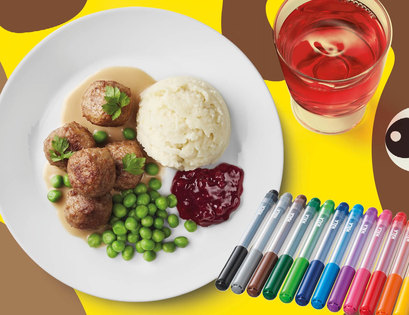 Ein IKEA Kindermenü mit MALA Stiften und Getränk