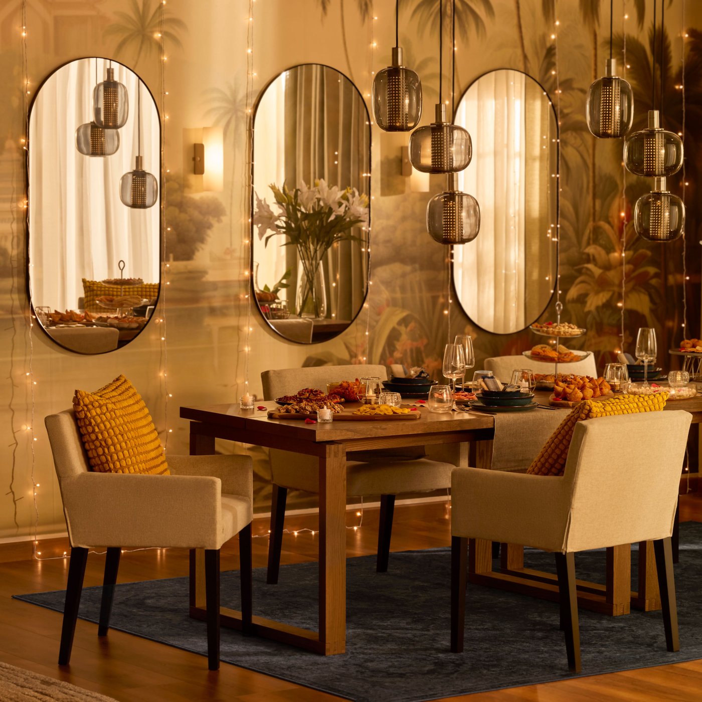 A nickel-plated/grey glass HÖGVIND pendant lamp with 3 lamps