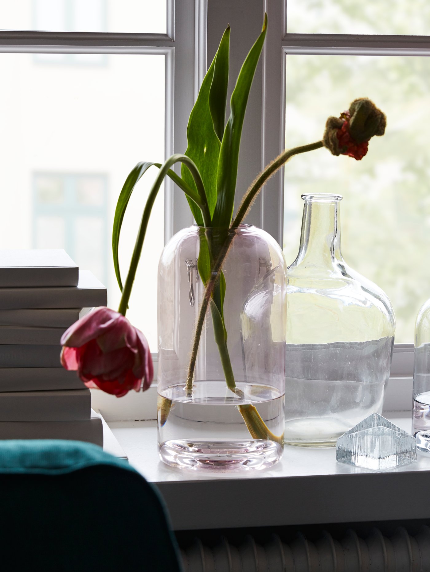 Vases en verre transparent et rose avec des fleurs sur un appui de fenêtre blanc, le bord d’une pile de livres à leurs côtés.