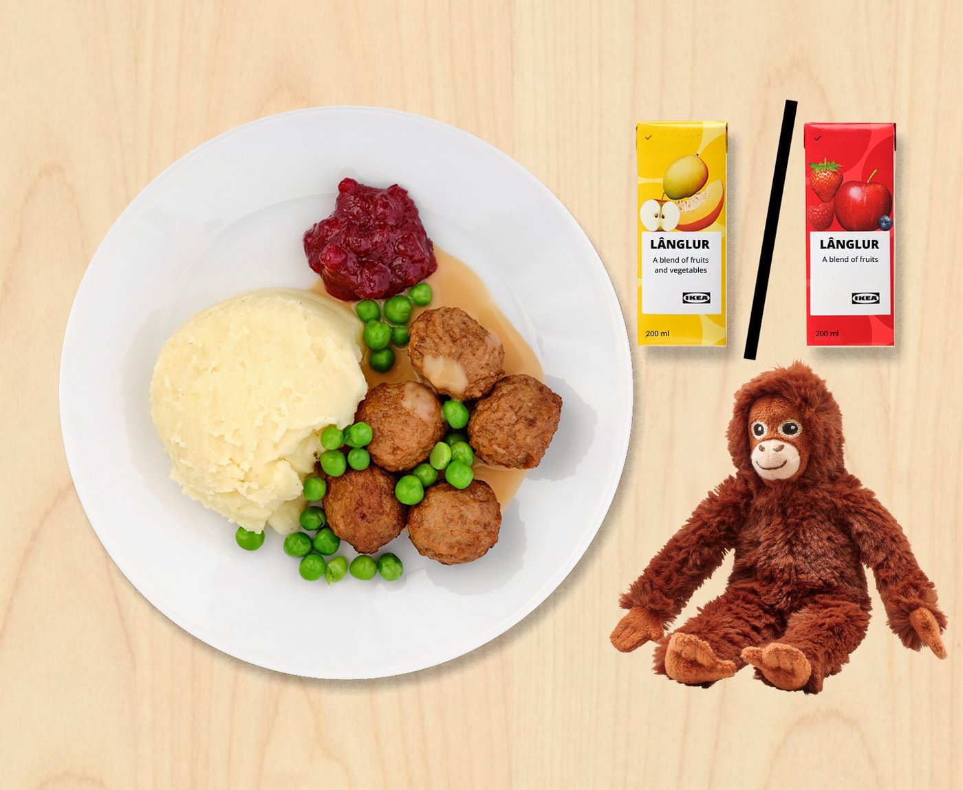 Dětské menu s pěti kuličkami, bramborovou kaší, hráškem  a plyšovým orangutanem