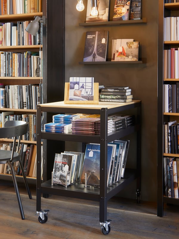 Trolley on castors with shelves filled with books, shown in a space between two large bookcases against a brown wall.