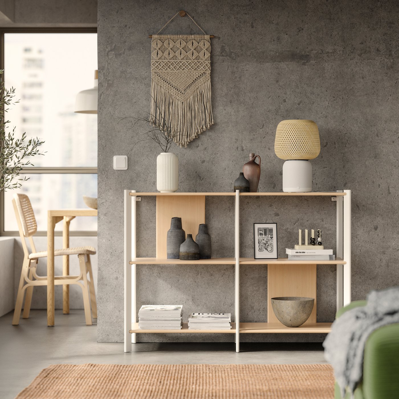 A white/light bamboo JÄTTESTA shelving unit