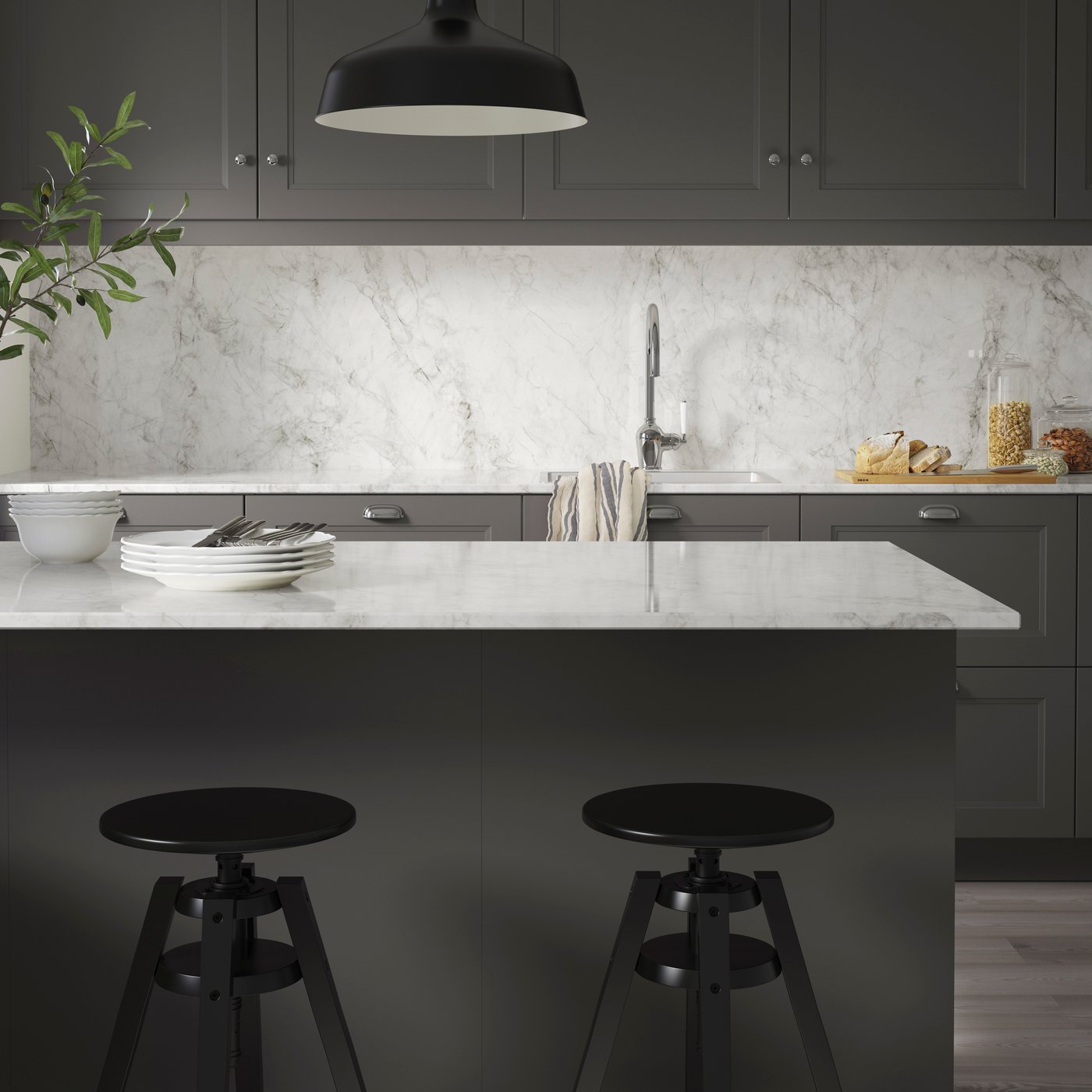 A polished off-white/grey marble effect/high pressure porcelain RUNSBÄCK custom made wall panel