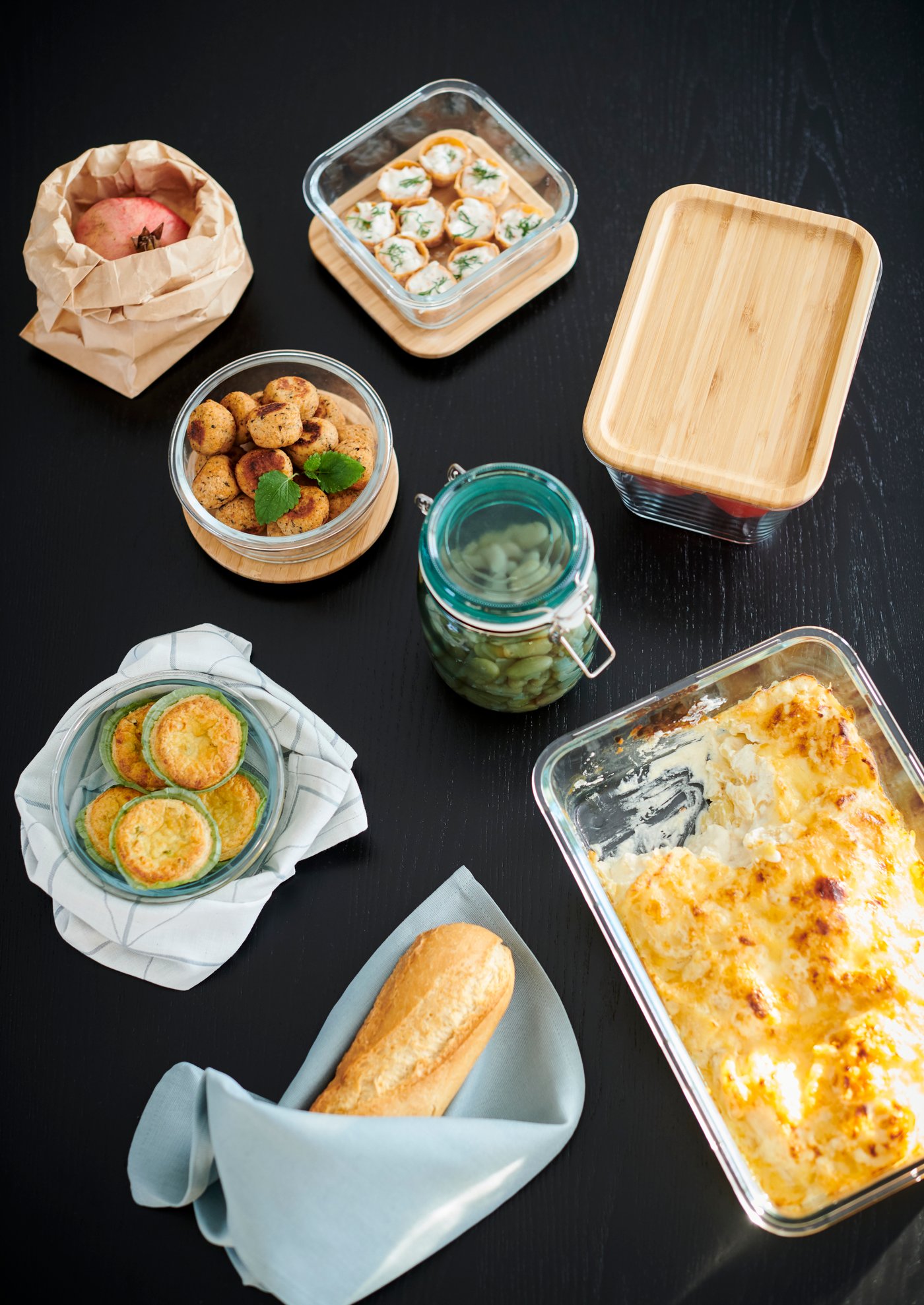 Various leftovers stored in glass and plastic IKEA 365+ food containers.
