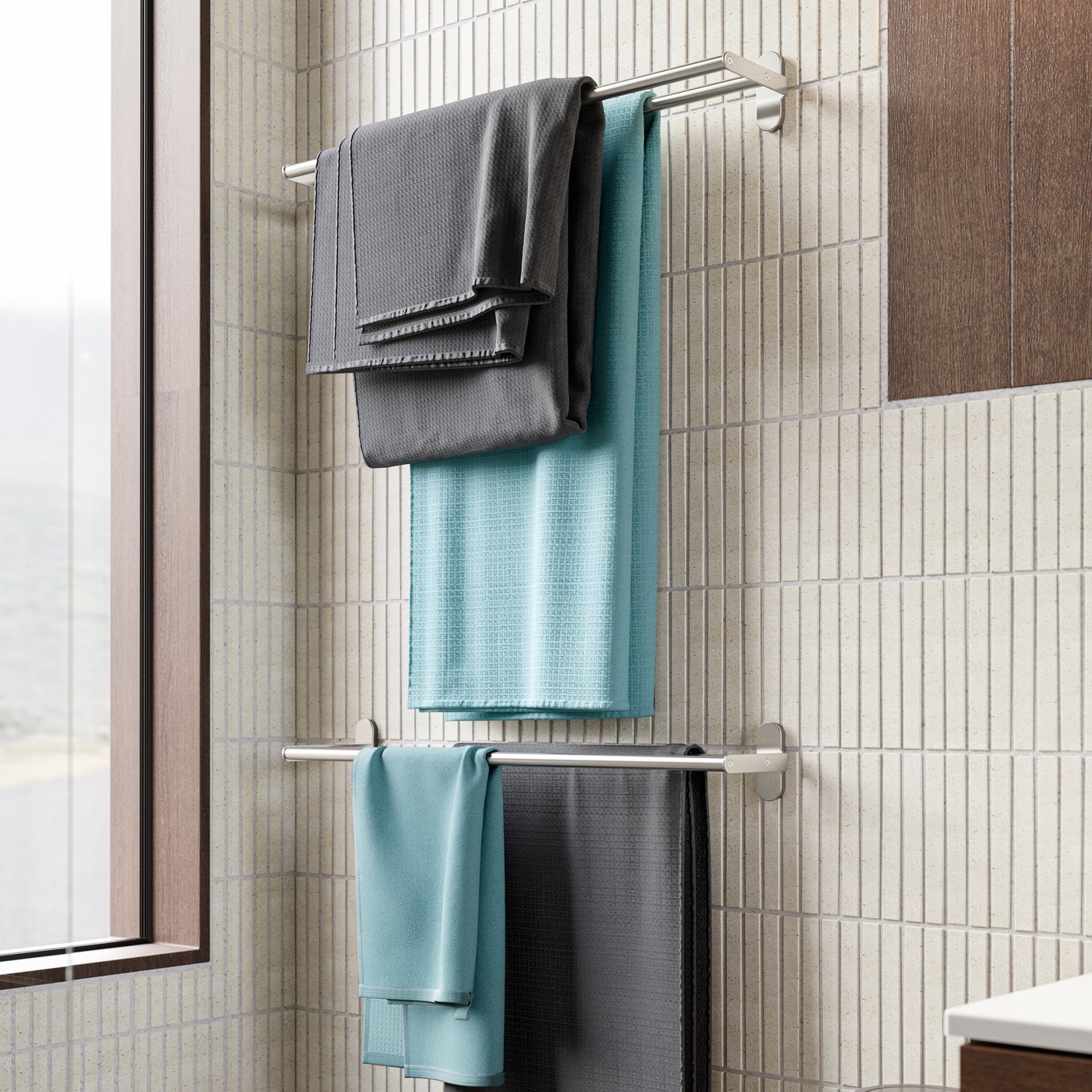 A light blue SALVIKEN hand towel in the bathroom