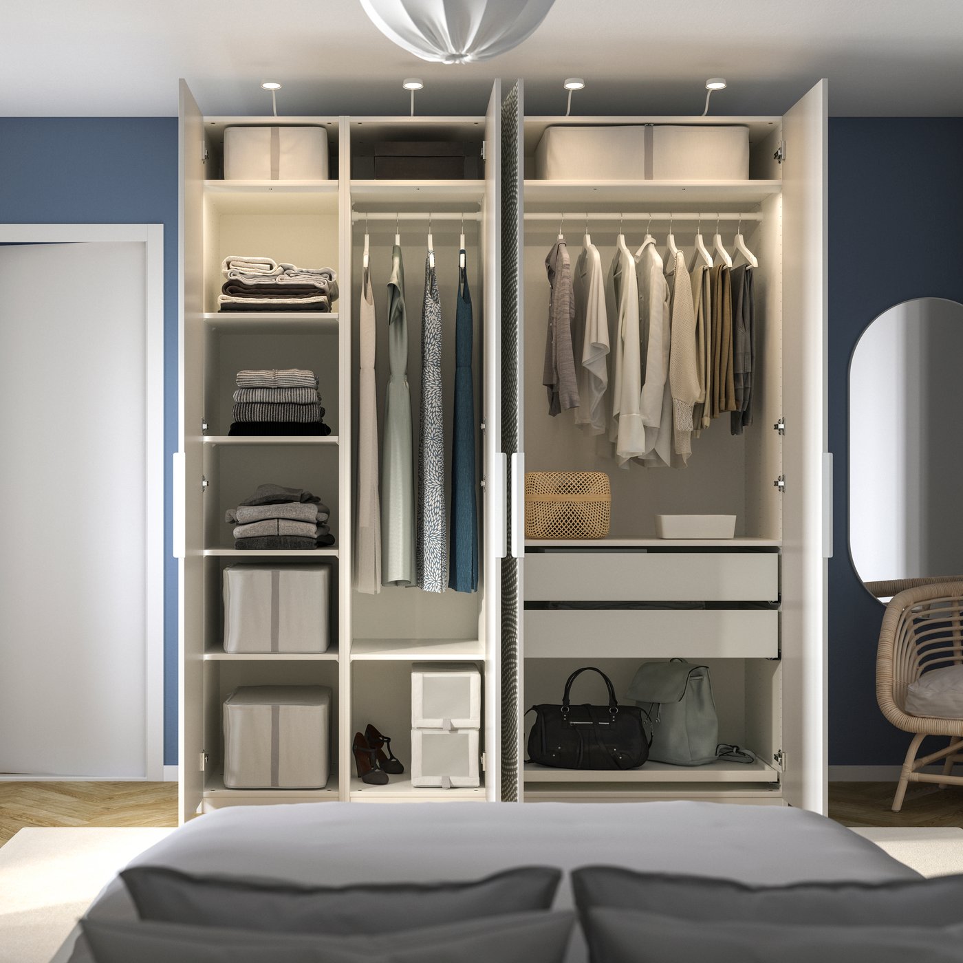 A white/grey patterned PAX wardrobe combination
