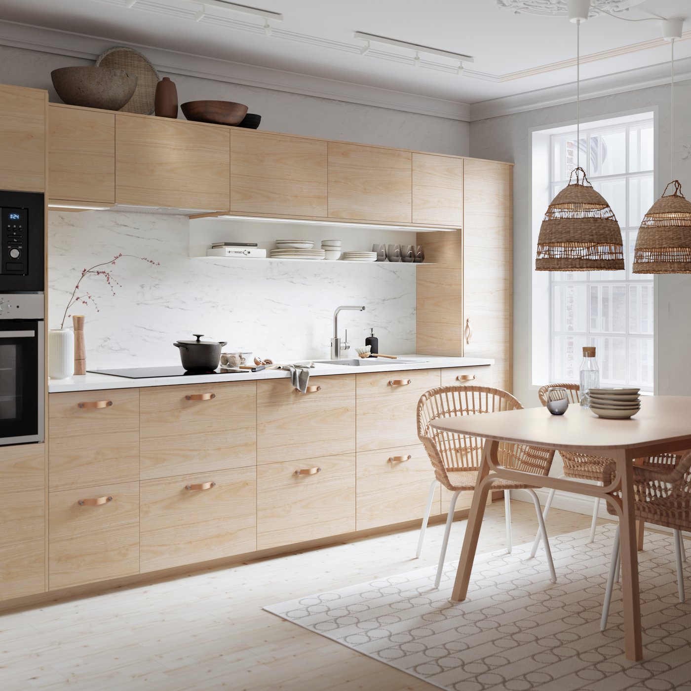 A beige RINDSHOLM rug, flatwoven in the kitchen