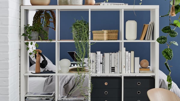 A white KALLAX shelving unit with various houseplants, books, decorations and storage boxes filled with personal items.