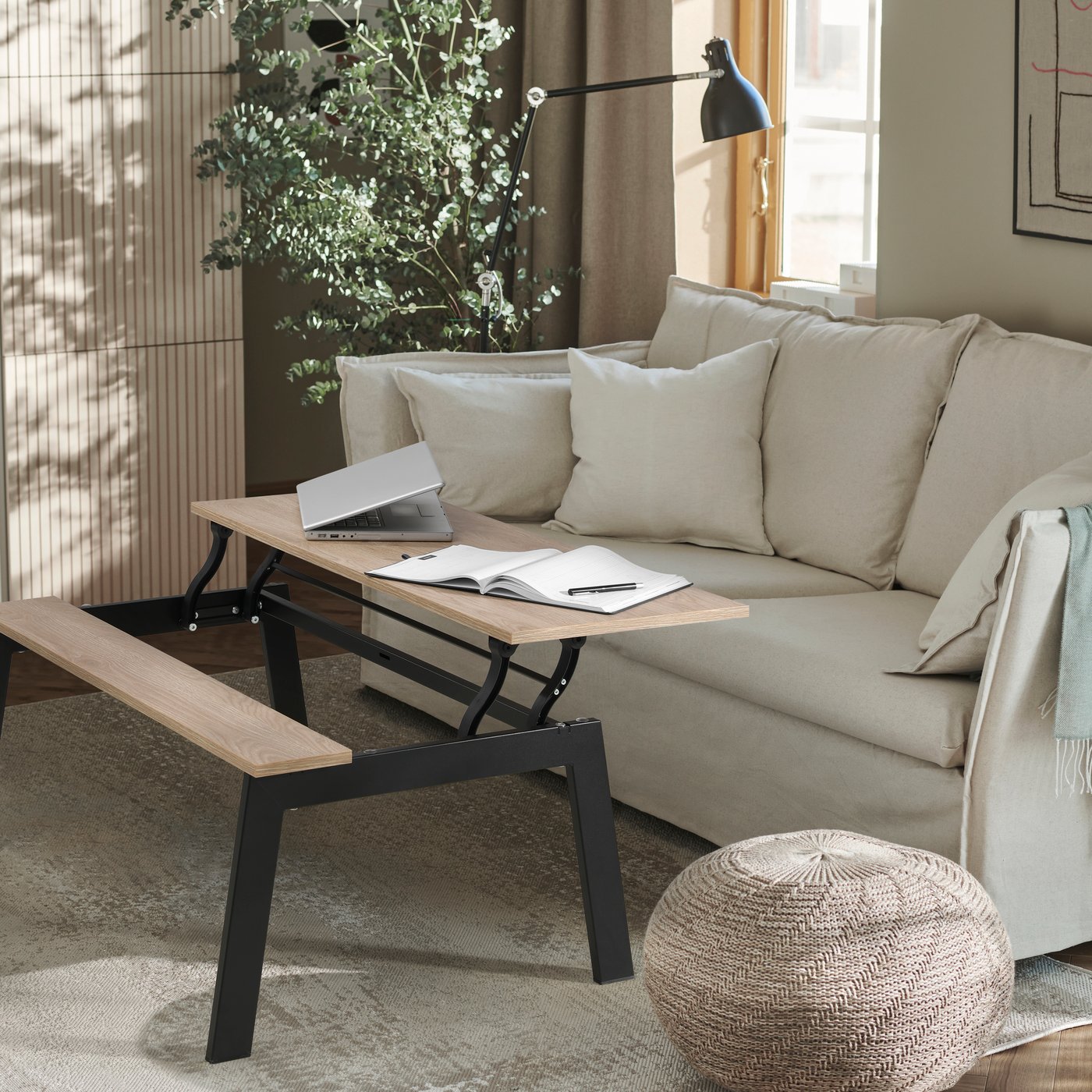 A small living room featuring a multifuctional table.